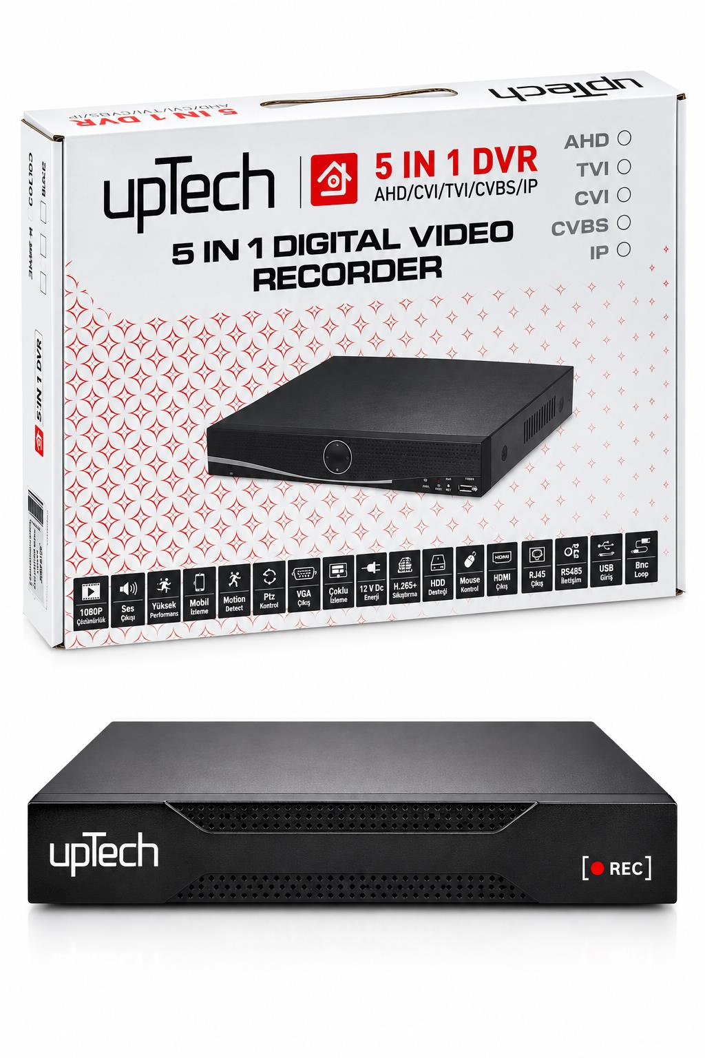 Bir Uptech 5'i 1 arada dijital video kaydedici, kırmızı detaylı beyaz ambalajının önünde duruyor.