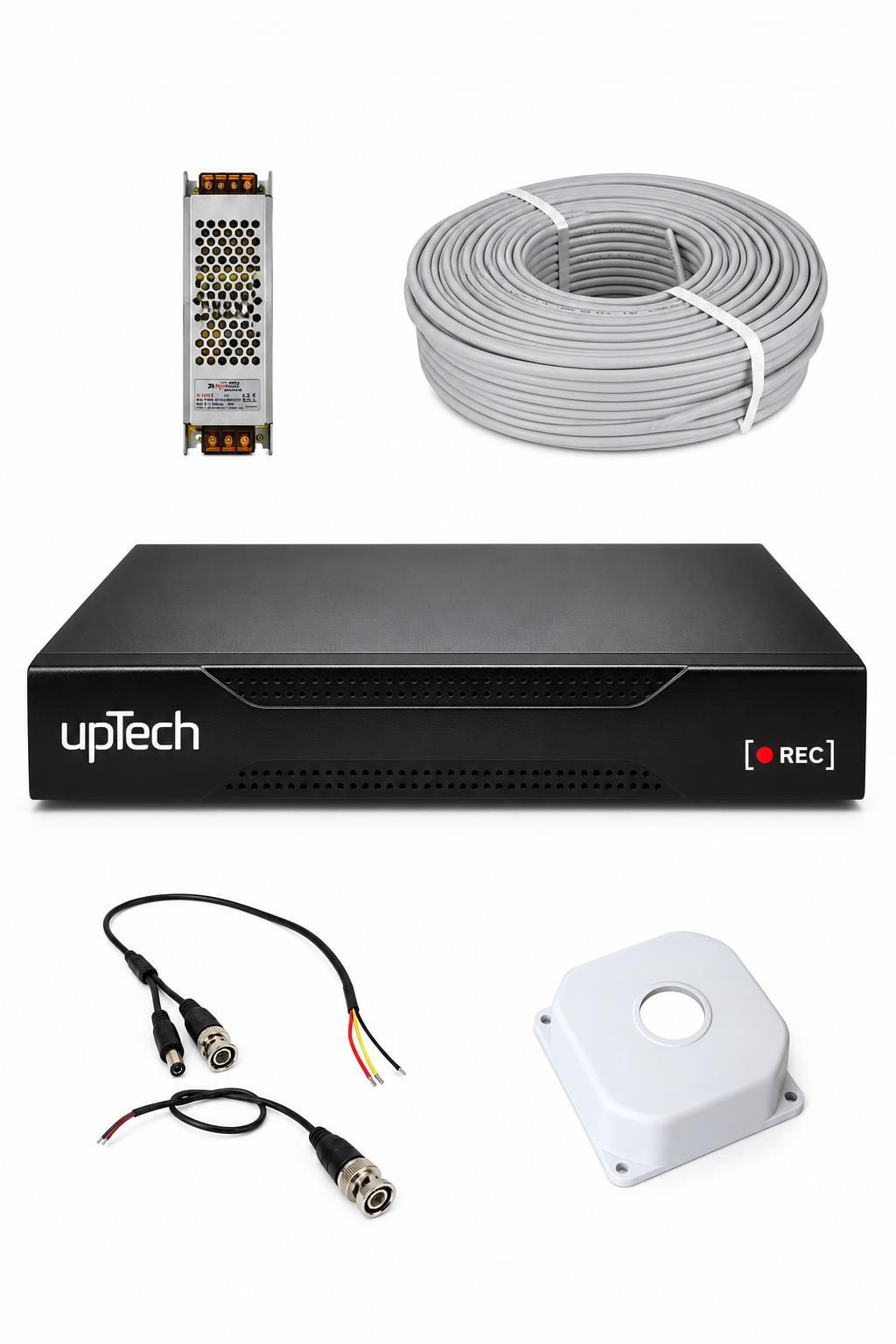 Uptech DVR kayıt cihazı, güç kaynağı, gri kablo rulosu, konektörlü kablolar ve beyaz montaj kutusu.