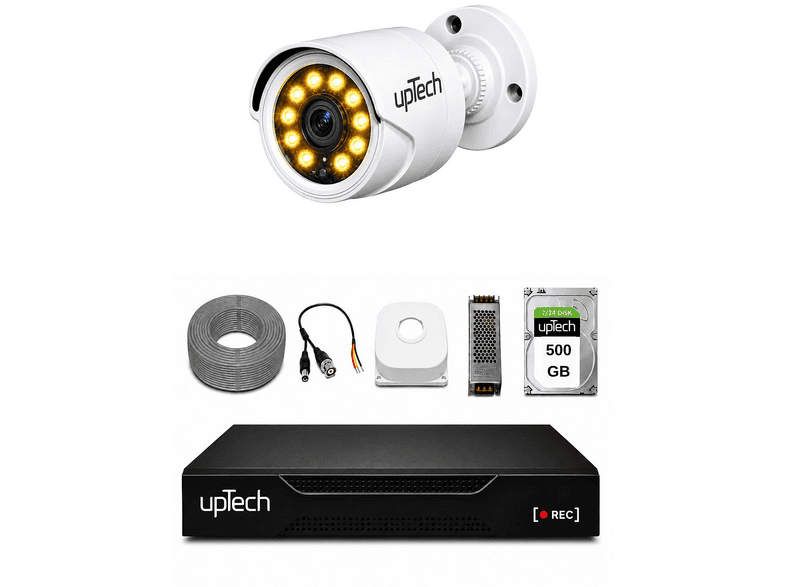UPTECH Full HD 1 Kameralı Gece Renkli Görüş Su Geçirmez 500GB HDD 2239 Güvenlik Kamera Seti Beyaz