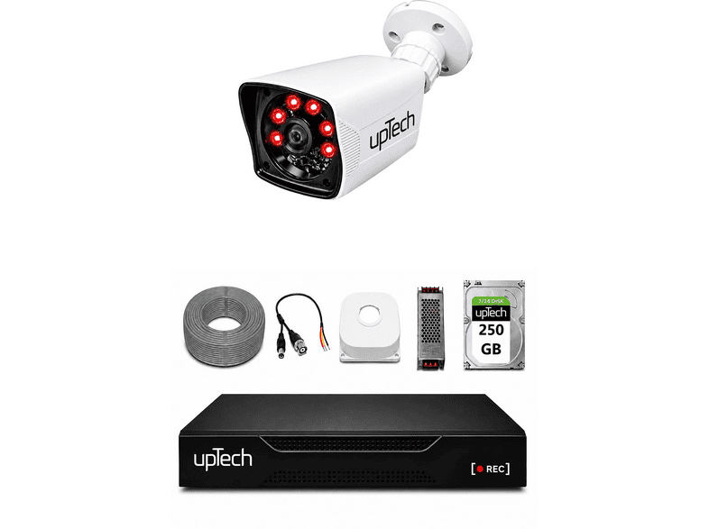 UPTECH 1 Kameralı 2MP 1080P Full HD 6 Atom LED Gece Görüşlü 250GB HDD 5525 Güvenlik Kamera Seti Beyaz