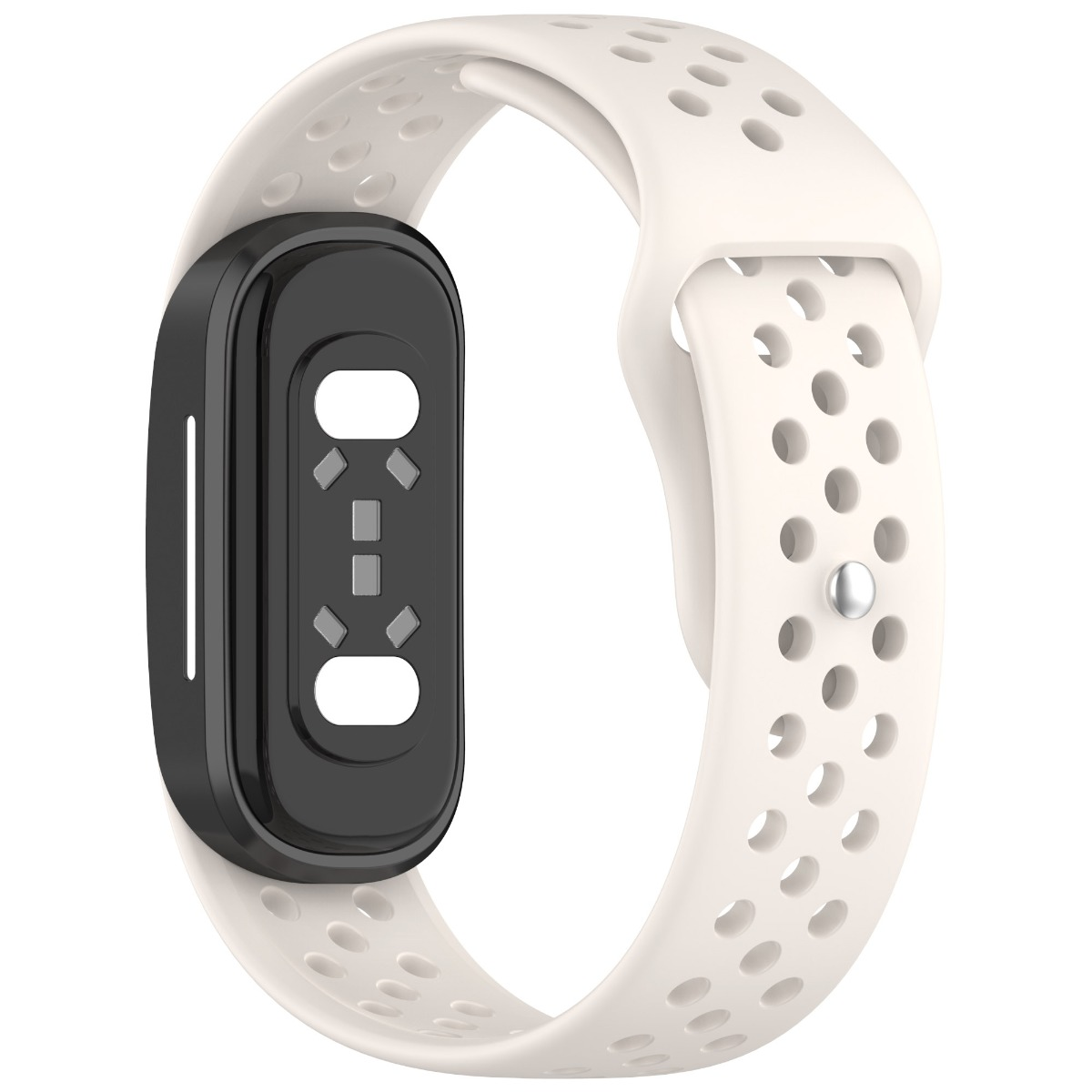 Ein weißes Fitnessarmband mit perforiertem Band und schwarzem Gehäuse auf weißem Hintergrund.