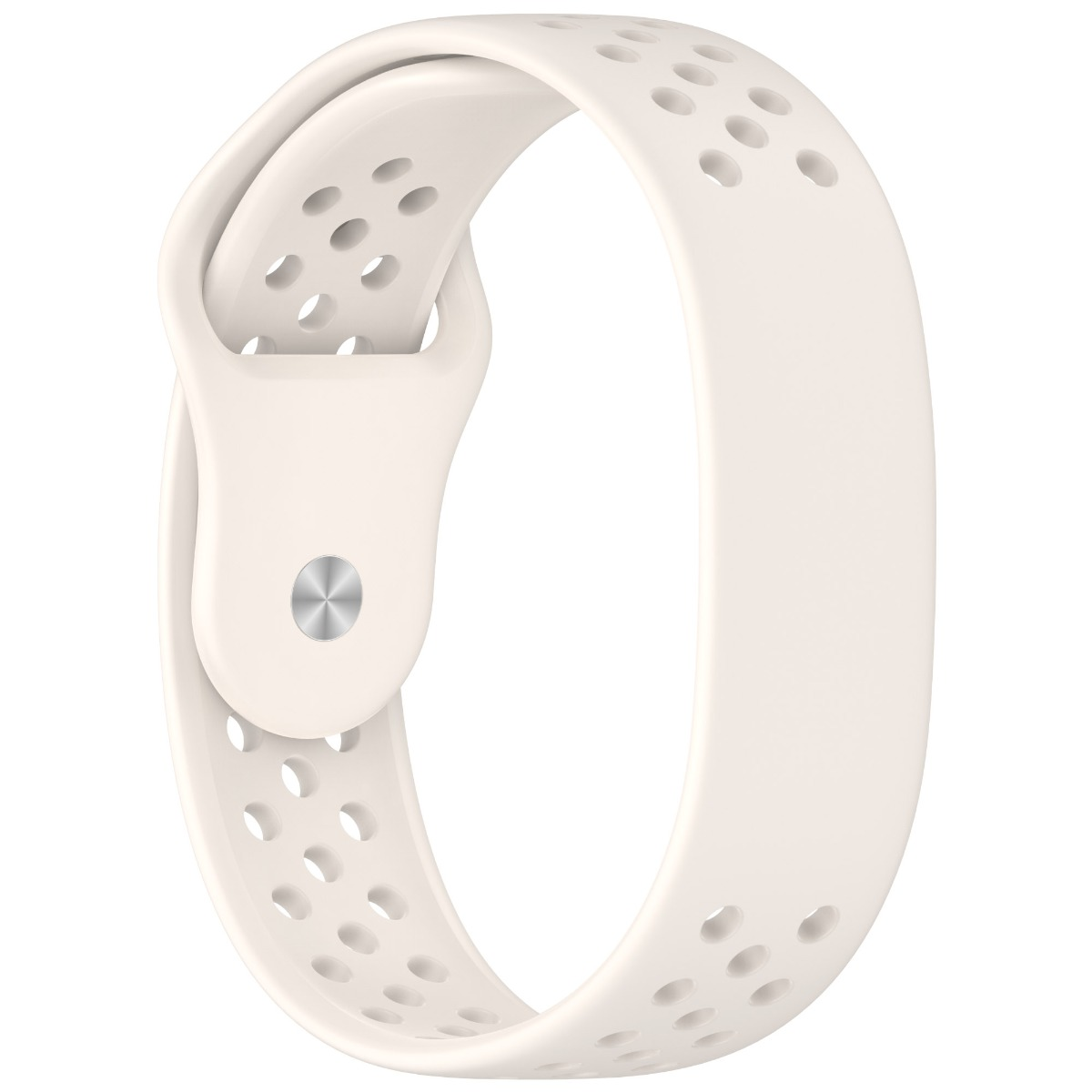 Ein beiges Silikonarmband mit Belüftungslöchern und Silberverschluss, zu einer Schlaufe geformt.