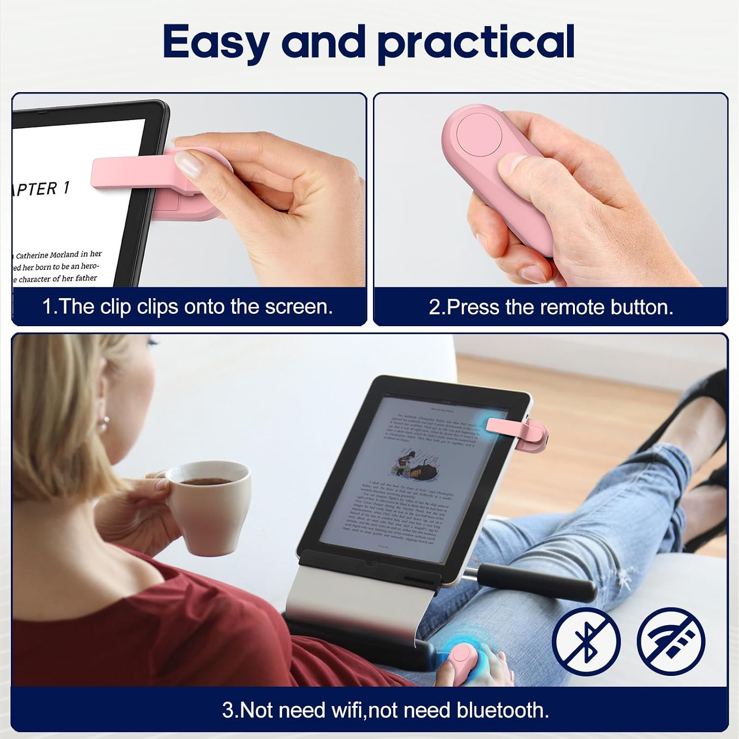 Anleitung für die Verwendung einer Fernbedienung und eines Clips zum Lesen auf einem Tablet.
