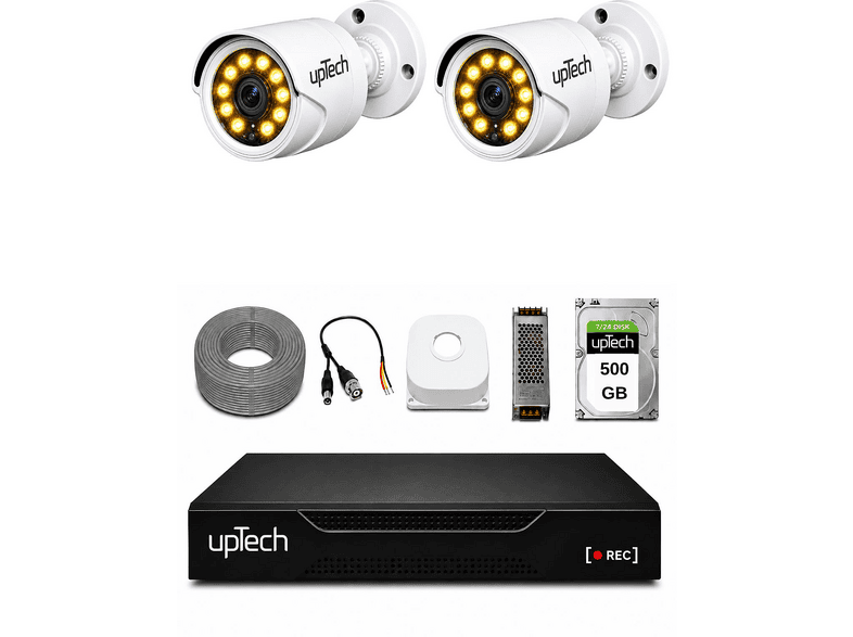UPTECH Full HD 2 Kameralı Gece Renkli Görüş Su Geçirmez 500GB HDD 2239 Güvenlik Kamera Seti Beyaz