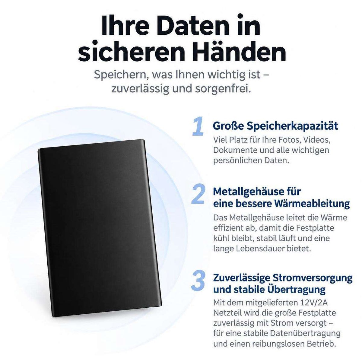 Werbebanner für eine externe Festplatte mit drei Hauptvorteilen: große Kapazität, Metallgehäuse und stabile Stromversorgung.