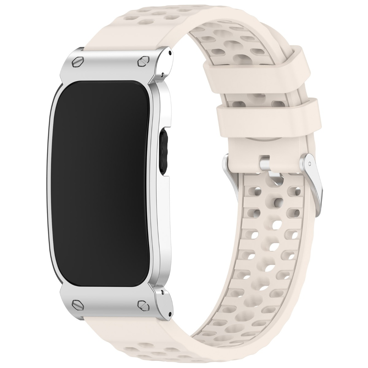 Eine weiße Smartwatch mit rechteckigem Display und perforiertem Armband.