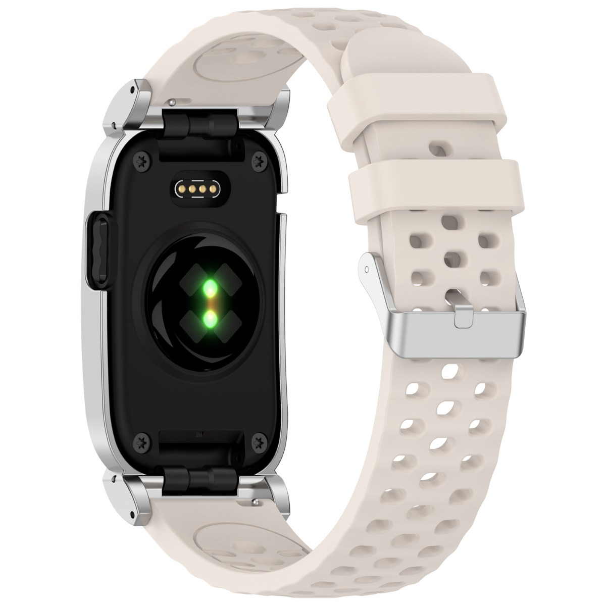 Rückseite einer silbernen Smartwatch mit weißem, lochgemustertem Silikonarmband und grünem Sensorenlicht.