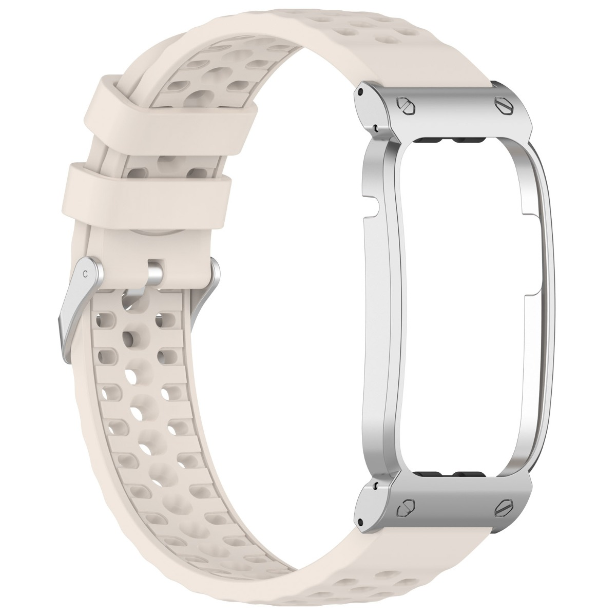 Ein beiges, perforiertes Silikon-Smartwatch-Armband mit silbernem Metallgehäuse und Schnalle auf weißem Hintergrund.
