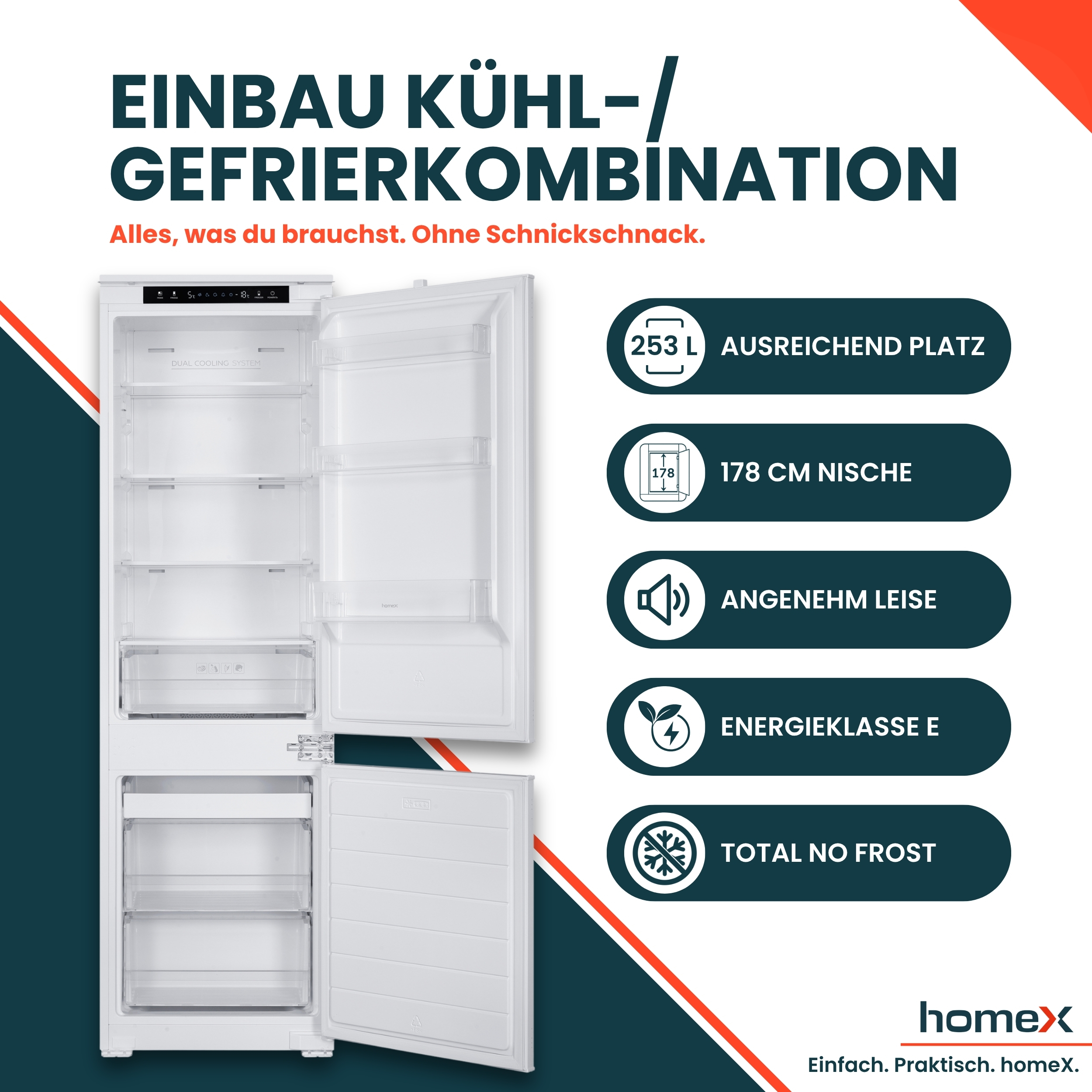 Einbau-Kühl-Gefrierkombination von homeX mit offenen Türen und Icons für Features auf der rechten Seite.
