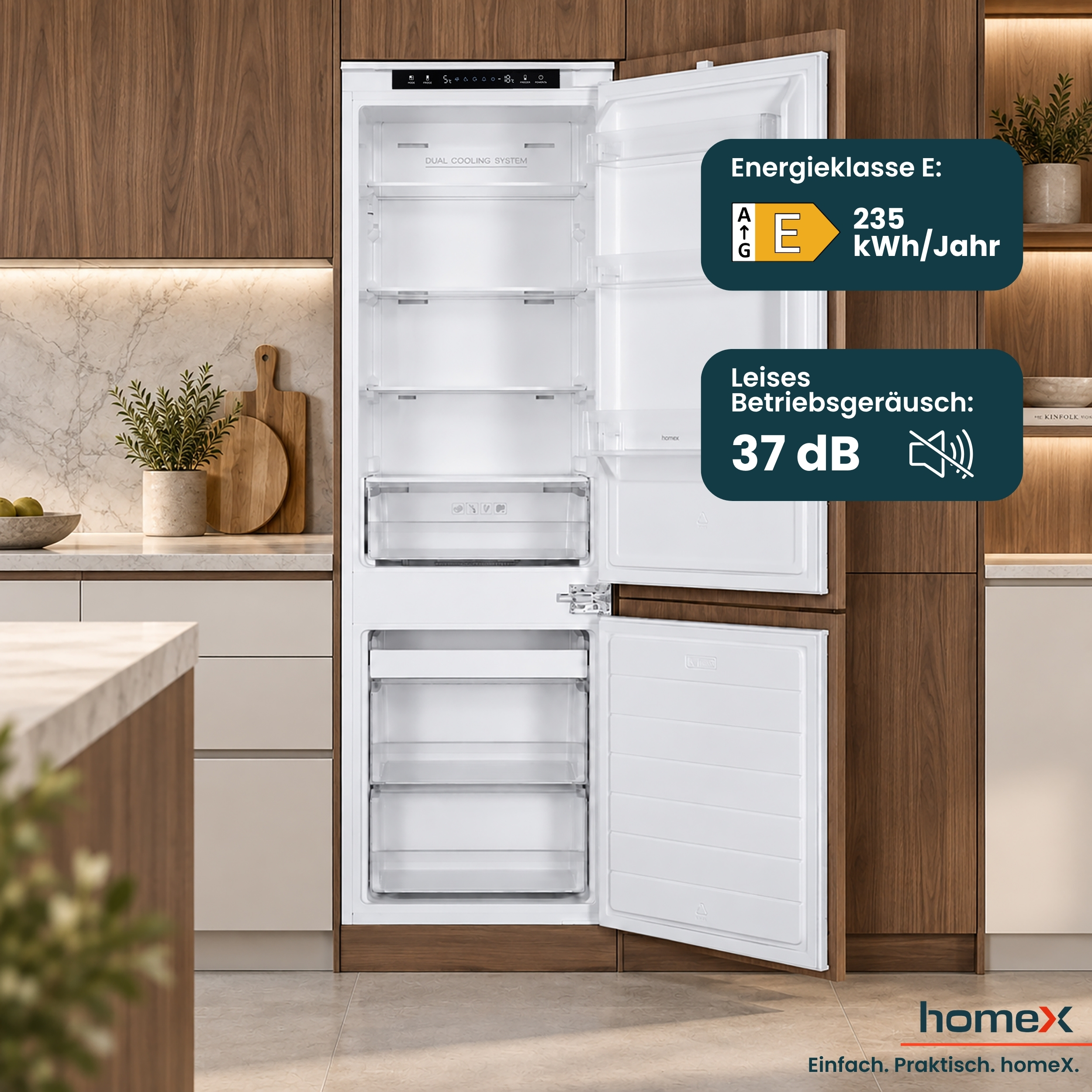 Eingebauter Kühlschrank in einer modernen Küche mit offener Tür, Energieklasse E und 37 dB.