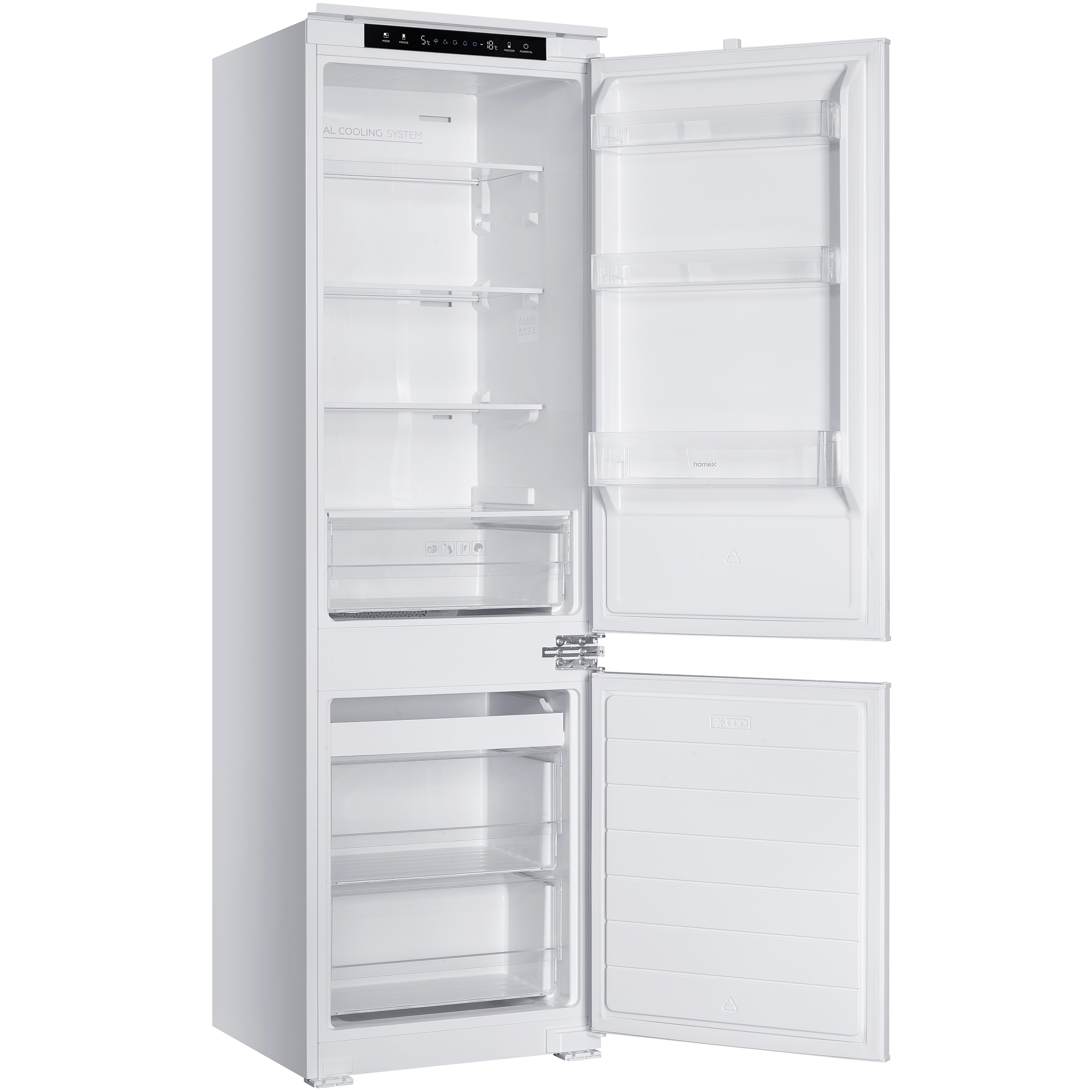 Ein weißer Kühlschrank mit geöffneten Türen zeigt leere Fächer und transparente Schubladen.