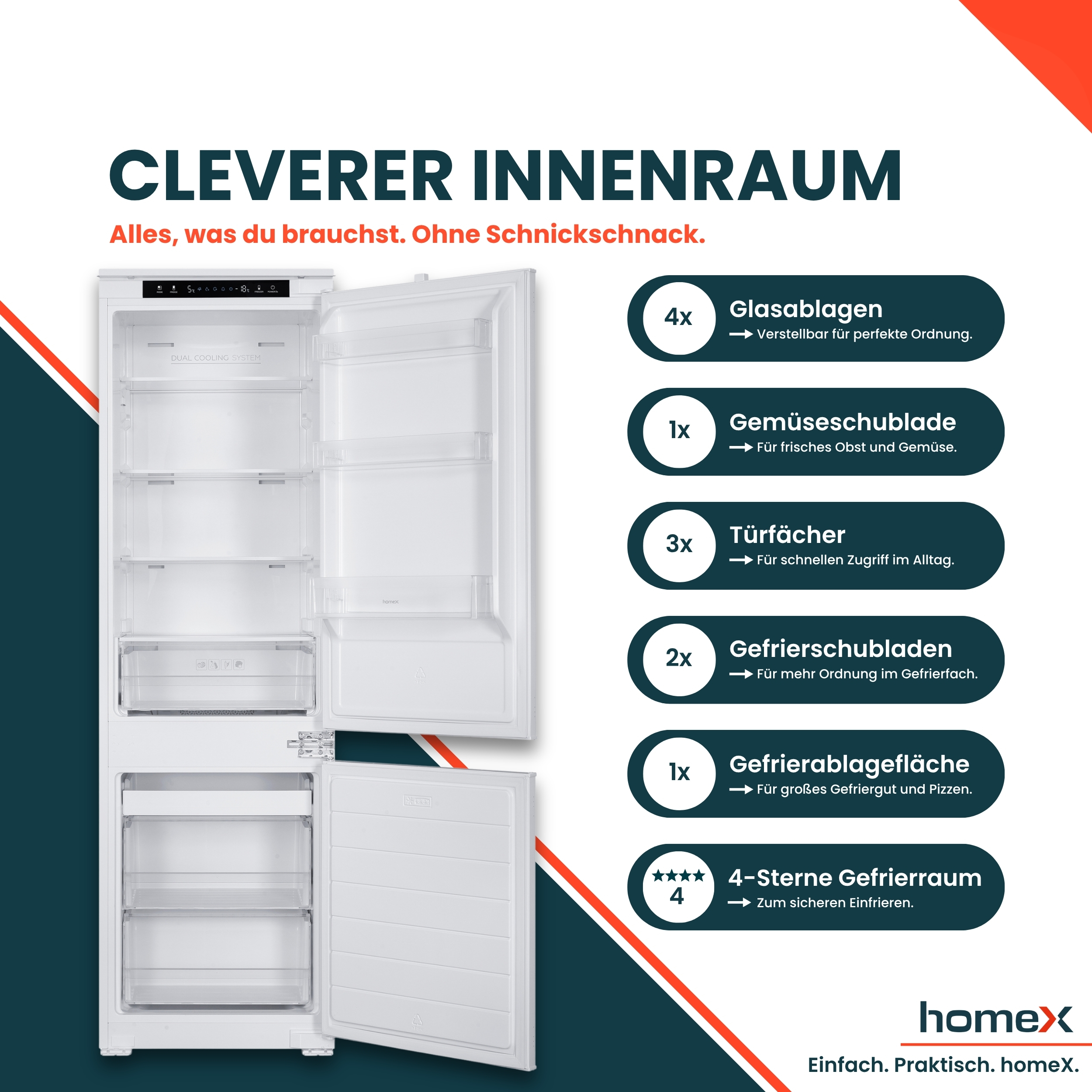 Ein offener weißer Kühlschrank mit detaillierten Ausstattungsmerkmalen wie Glasablagen und Schubladen.