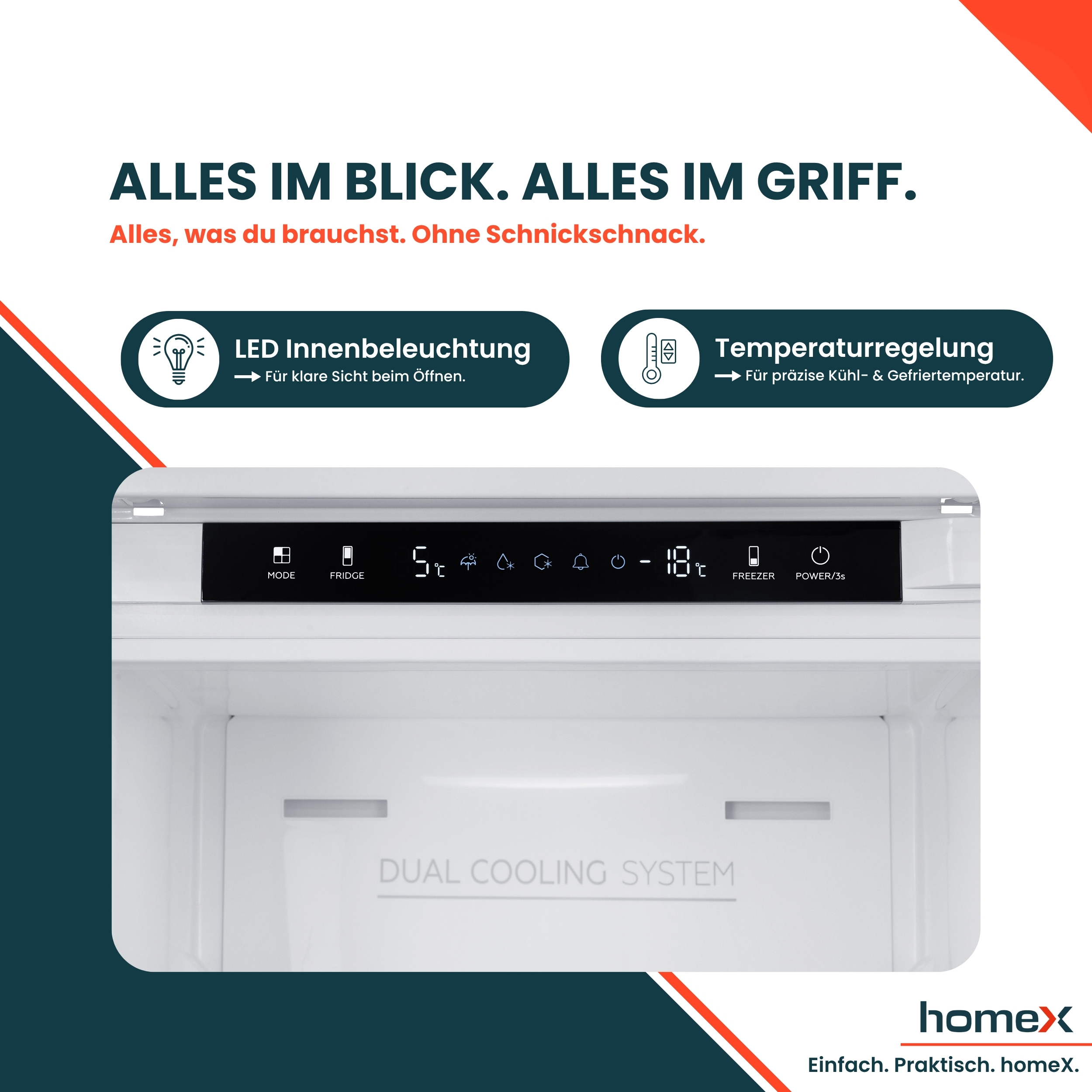 Kühlschrankinnenraum mit Dual-Cooling-System, Touch-Bedienfeld mit Temperaturen und LED-Beleuchtung.