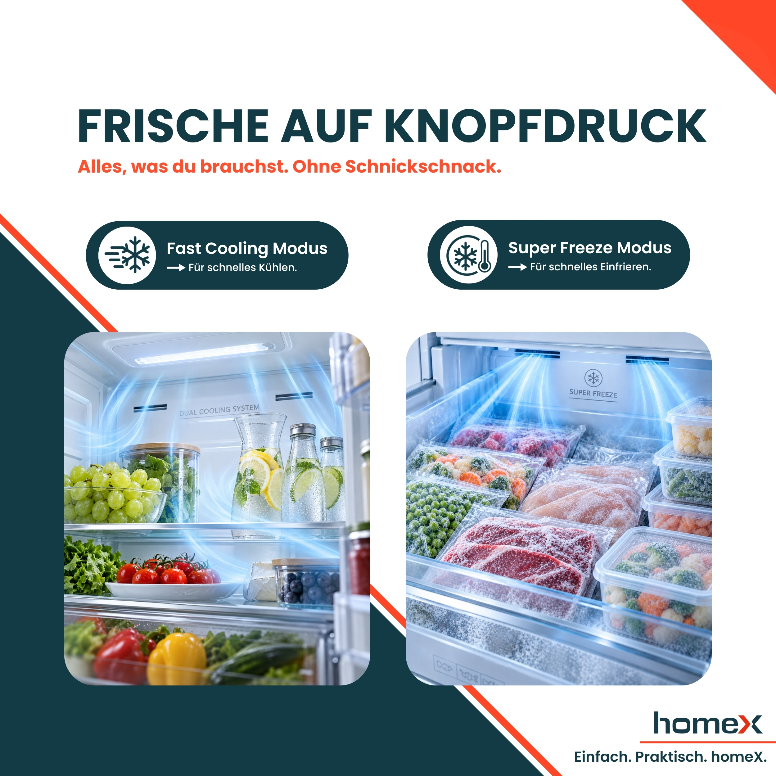 Werbegrafik zeigt Kühlschrankfunktionen für schnelles Kühlen und Einfrieren mit frischen Lebensmitteln.