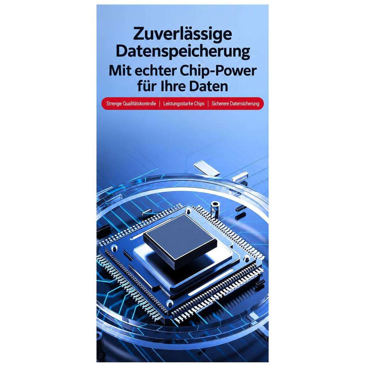 Eine Nahaufnahme eines Computerprozessors auf einer blauen Platine mit deutschem Text.