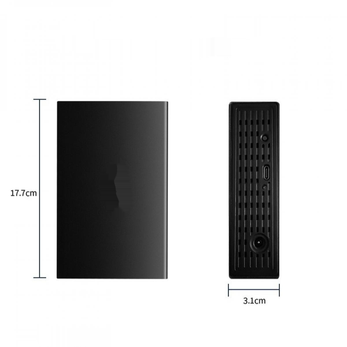Technische Zeichnung eines schwarzen Mini-PCs mit den Maßen 17,7 cm Höhe und 3,1 cm Breite.