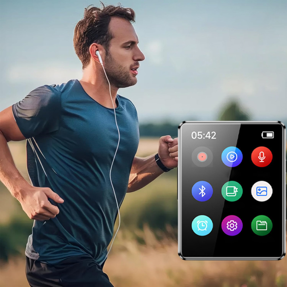 Ein Läufer in Sportkleidung mit Kopfhörern im Freien, daneben ein elektronisches Gerät mit App-Symbolen.