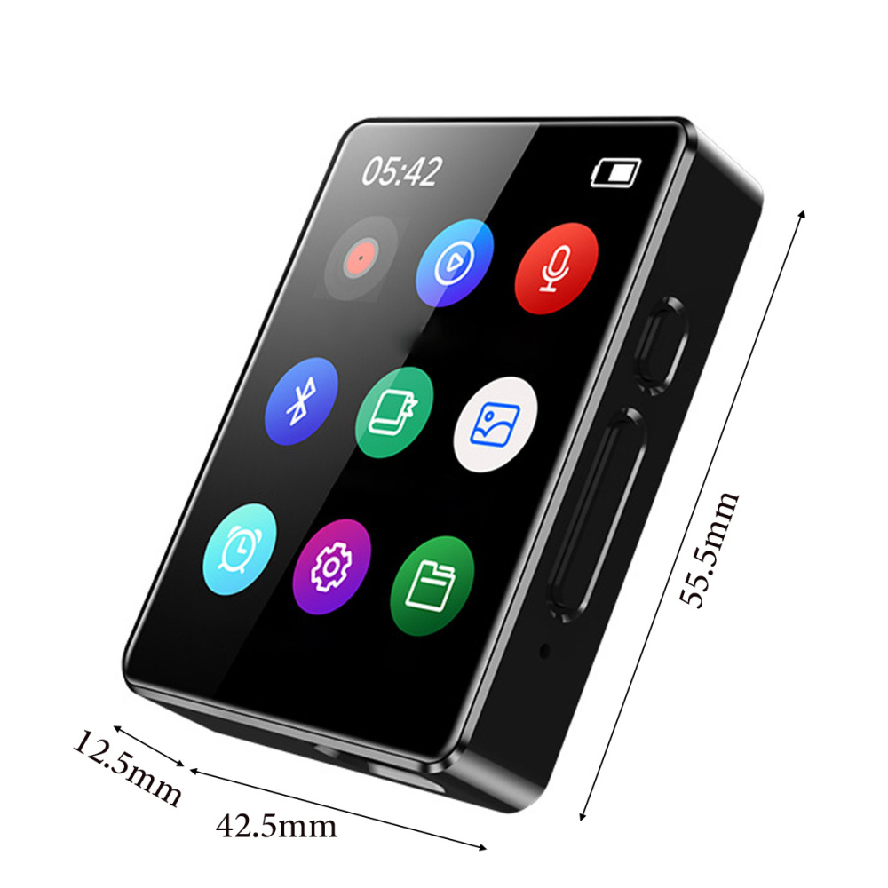 Ein schwarzer digitaler Diktierrekorder mit Touchscreen, bunten App-Icons und den Maßen 55,5x42,5x12,5 mm.