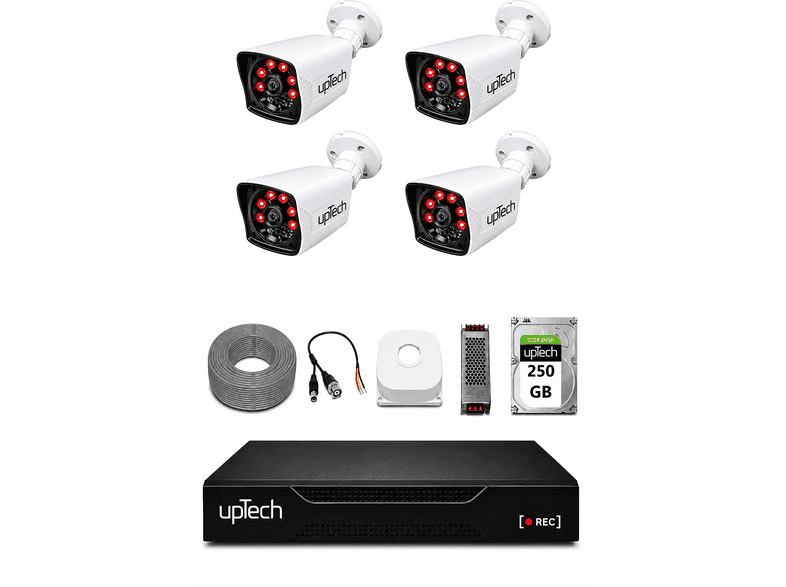 UPTECH 4 Kameralı 2MP 1080P Full HD 6 Atom LED Gece Görüşlü 250 GB HDD 5525 Güvenlik Kamera Seti Beyaz