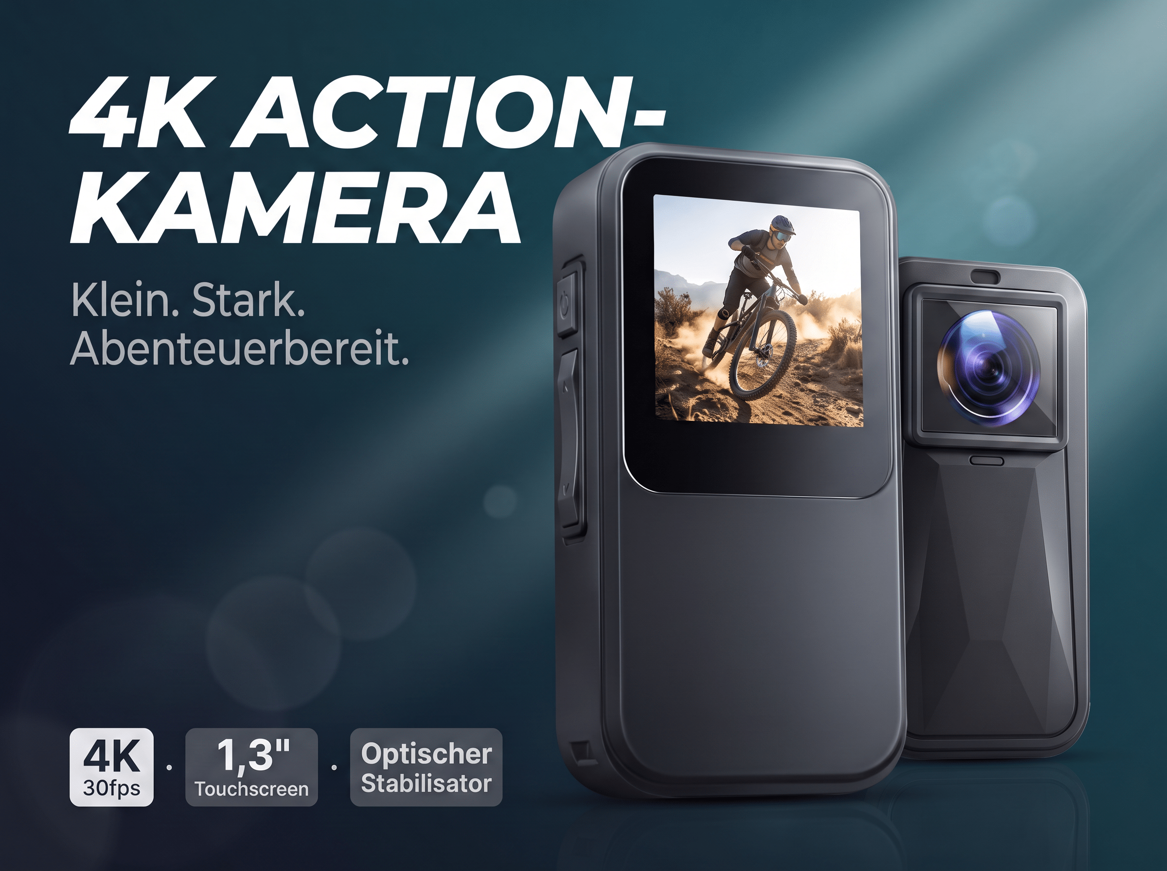 Werbebild einer schwarzen 4K-Actionkamera mit Bildschirm und optischem Bildstabilisator auf dunklem Hintergrund.