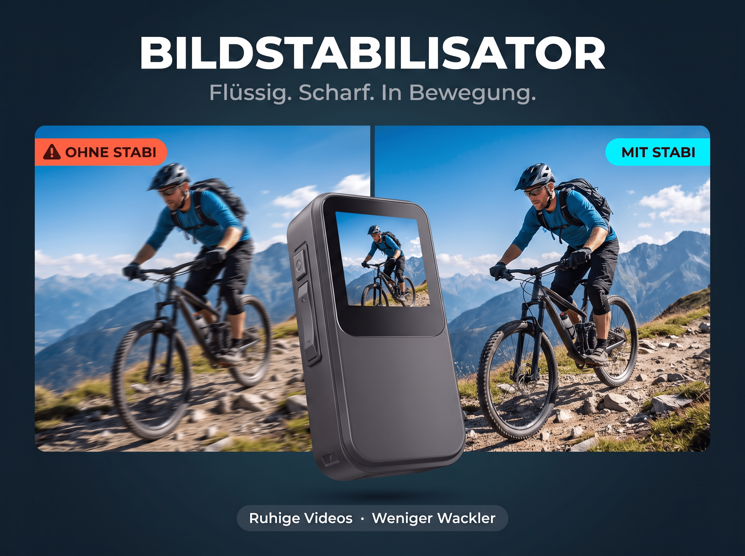 Vergleich von Bildstabilisierung bei einer Mountainbike-Fahrt: links unscharf, rechts flüssig und scharf.