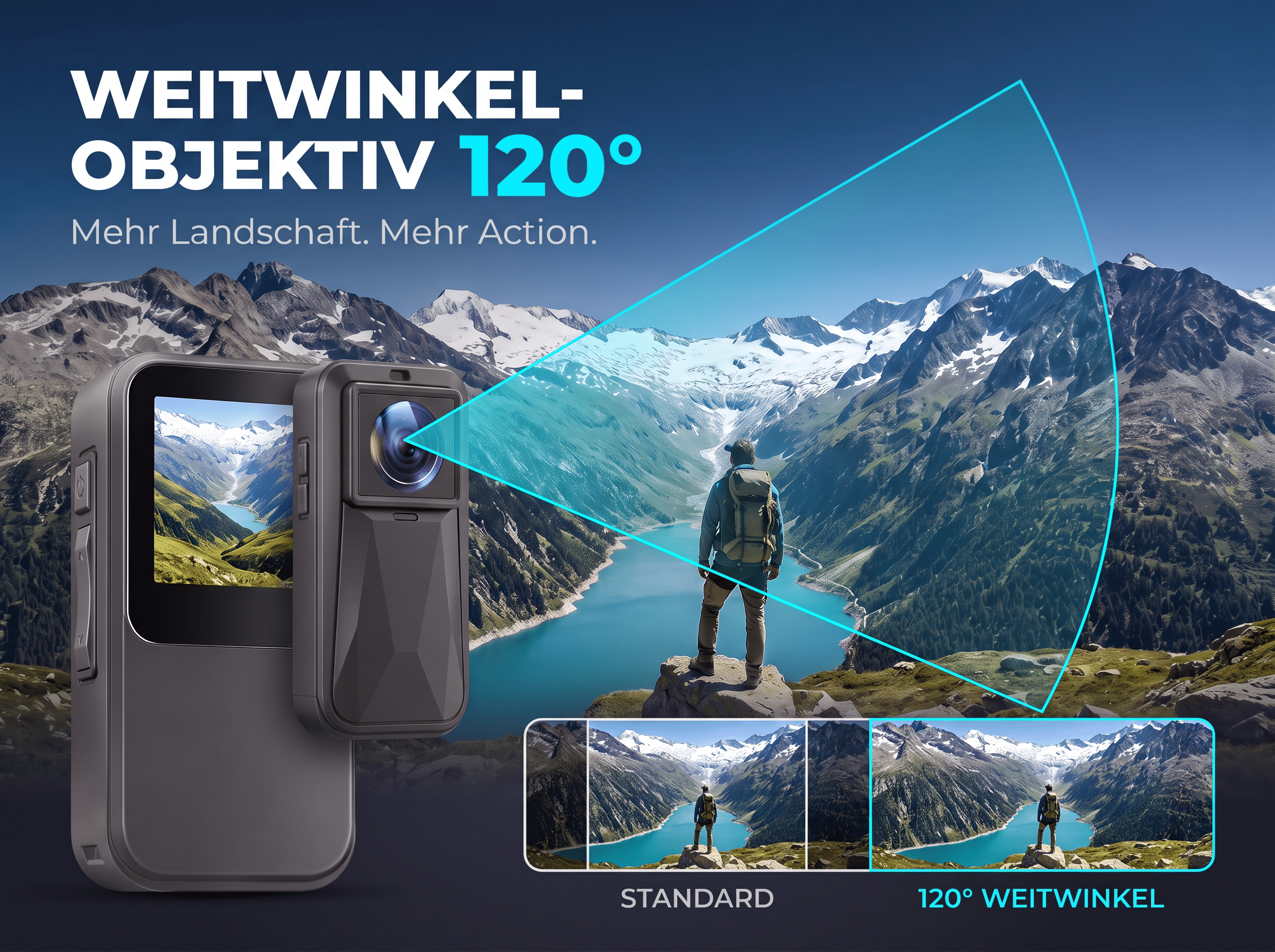 Eine Actioncam zeigt eine weite Berglandschaft mit einem 120-Grad-Weitwinkelobjektiv und Vergleichen.