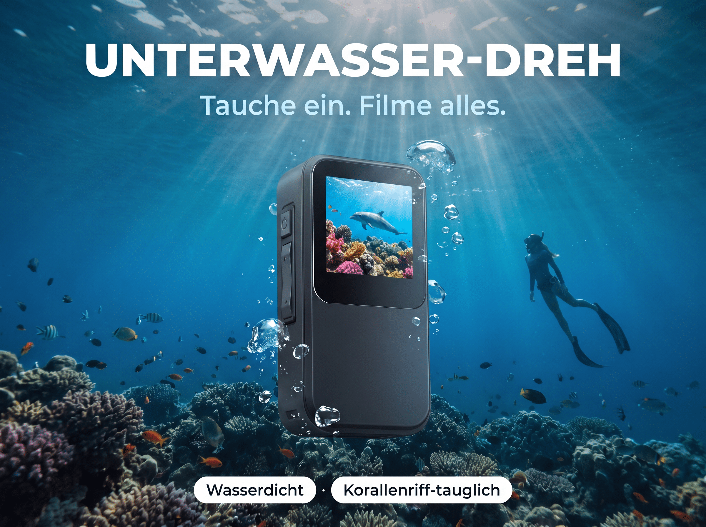 Unterwasser-Kamera mit Text und Ozean-Hintergrund.