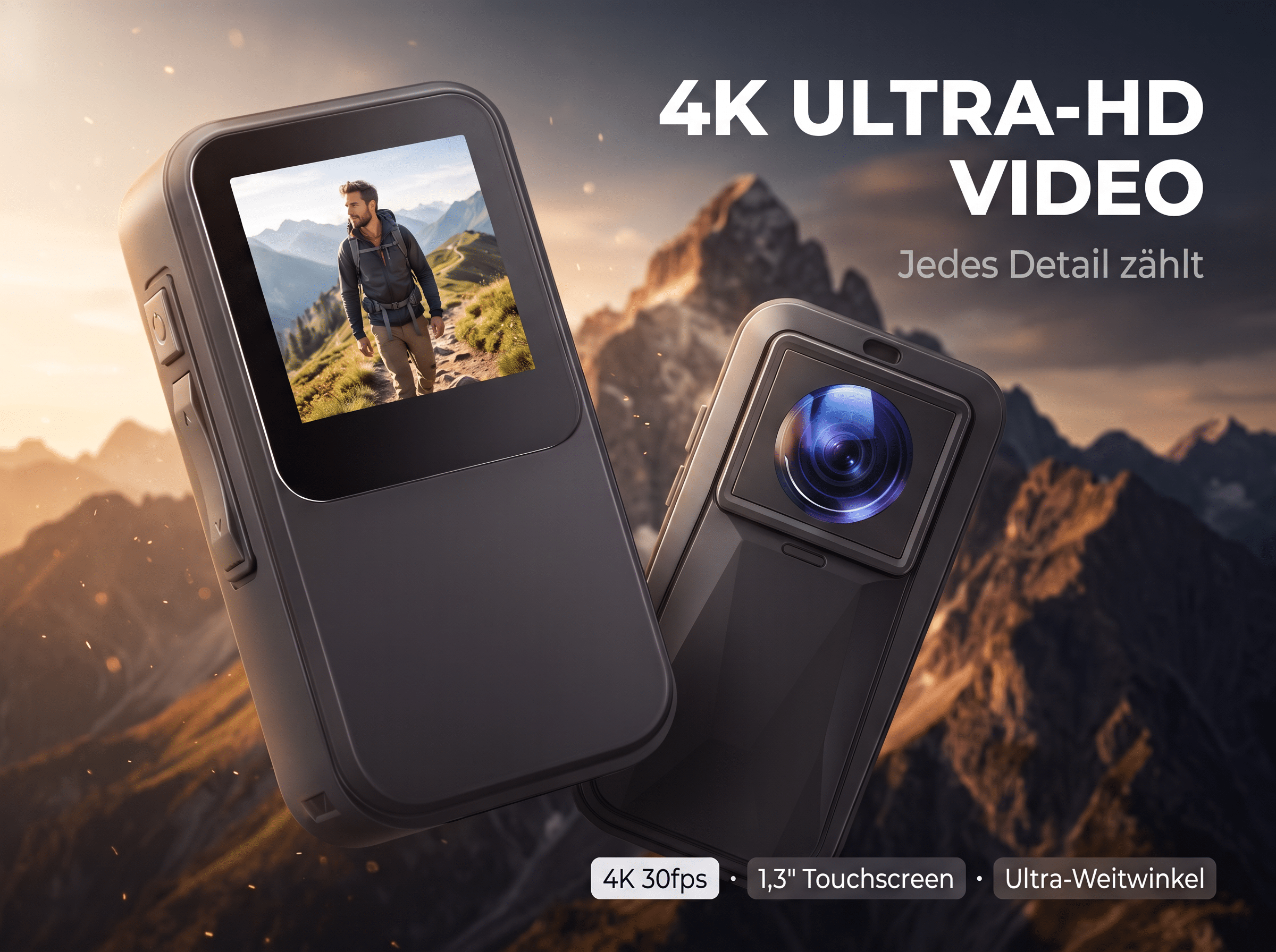 Zwei Actioncams vor einer Berglandschaft, die linke zeigt ein Display mit einem Wanderer, Text 4K Ultra-HD Video.