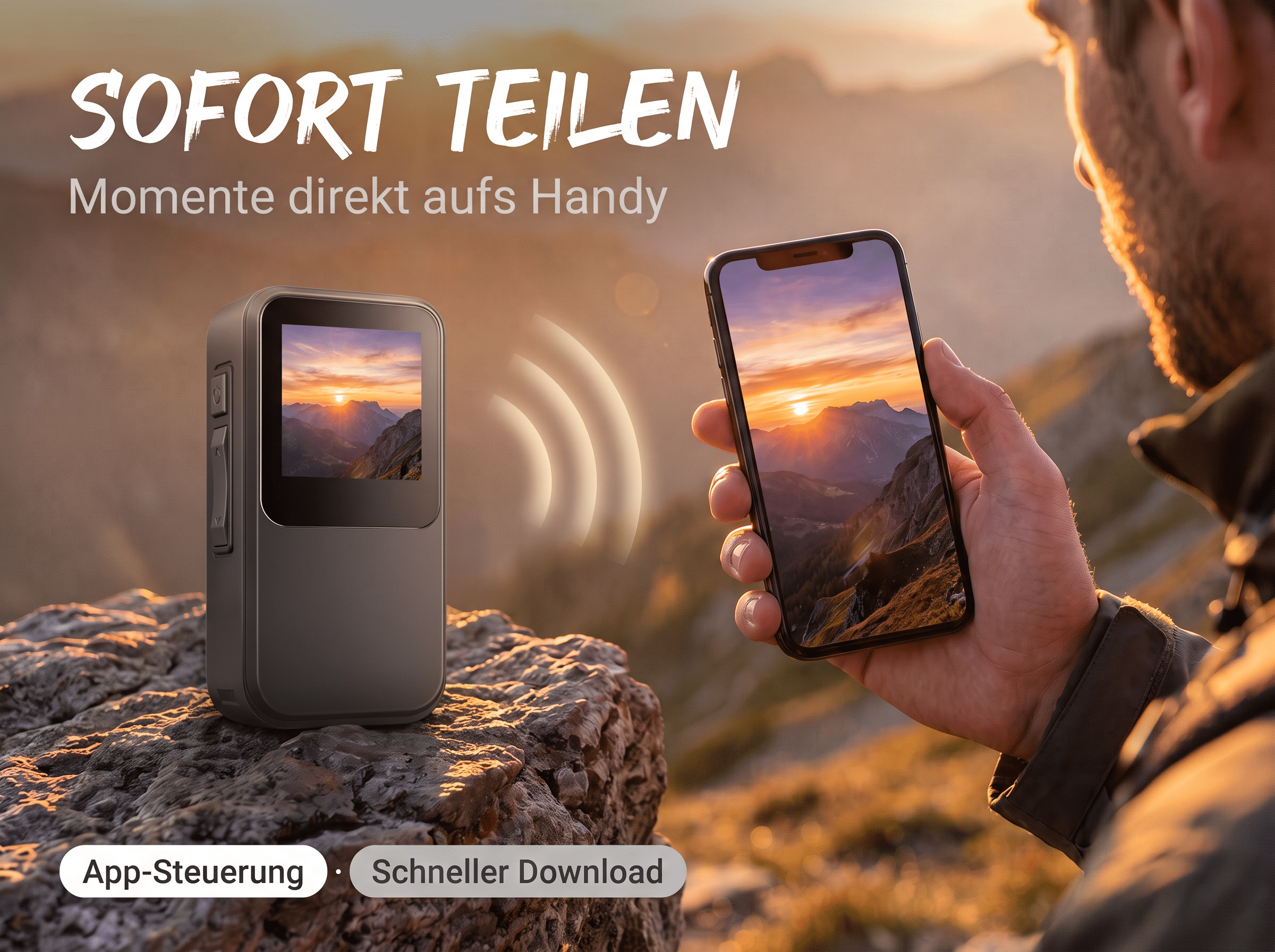 Kleine graue Kamera auf Felsen, drahtlos verbunden mit einem Smartphone, das einen Sonnenuntergang zeigt.