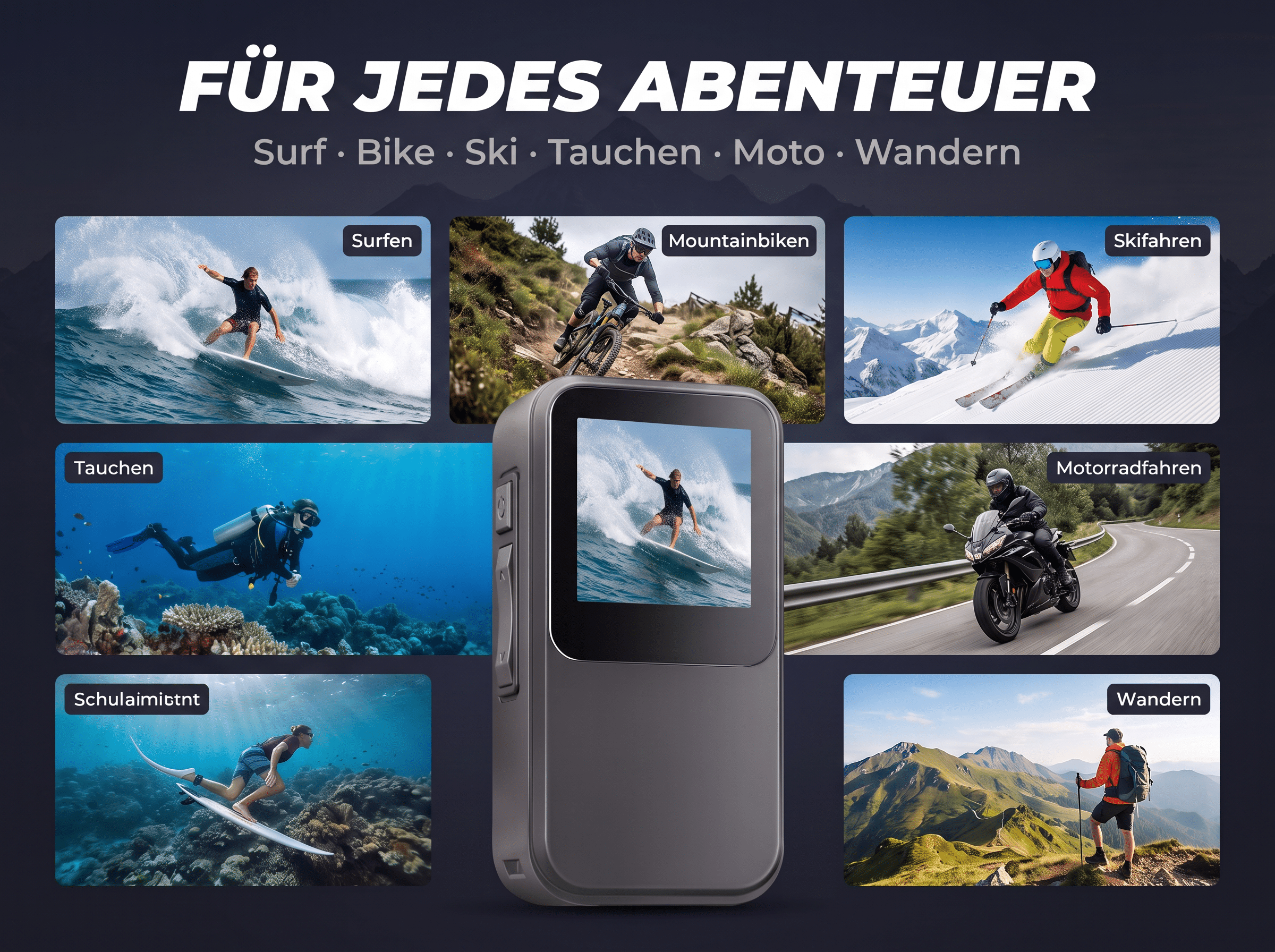 Eine Action-Kamera im Vordergrund, umgeben von Bildern verschiedener Extremsportarten wie Surfen, Biken und Skifahren.
