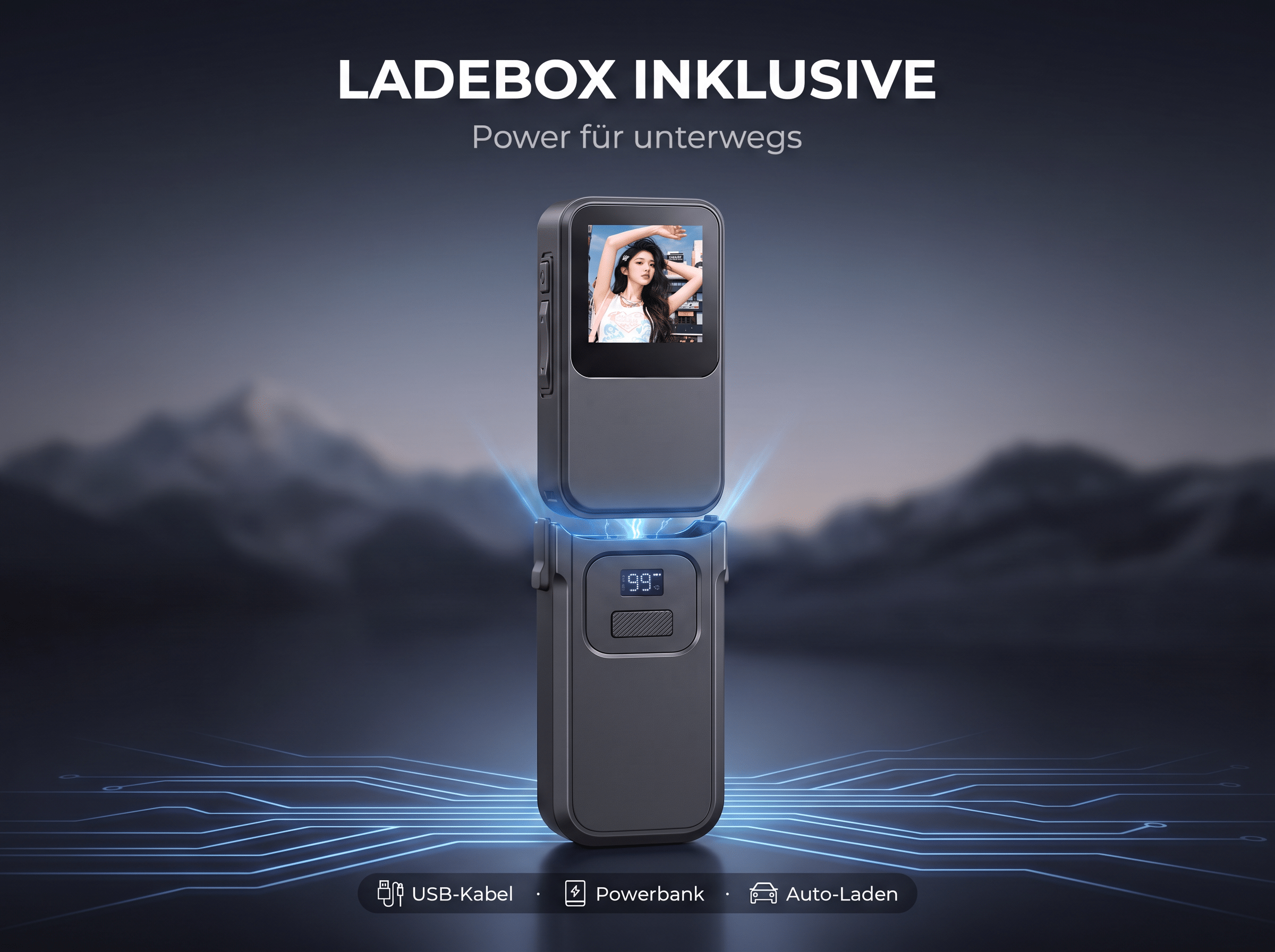 Eine graue Powerbank mit Display vor einer Berglandschaft und blauen Leuchtlinien.