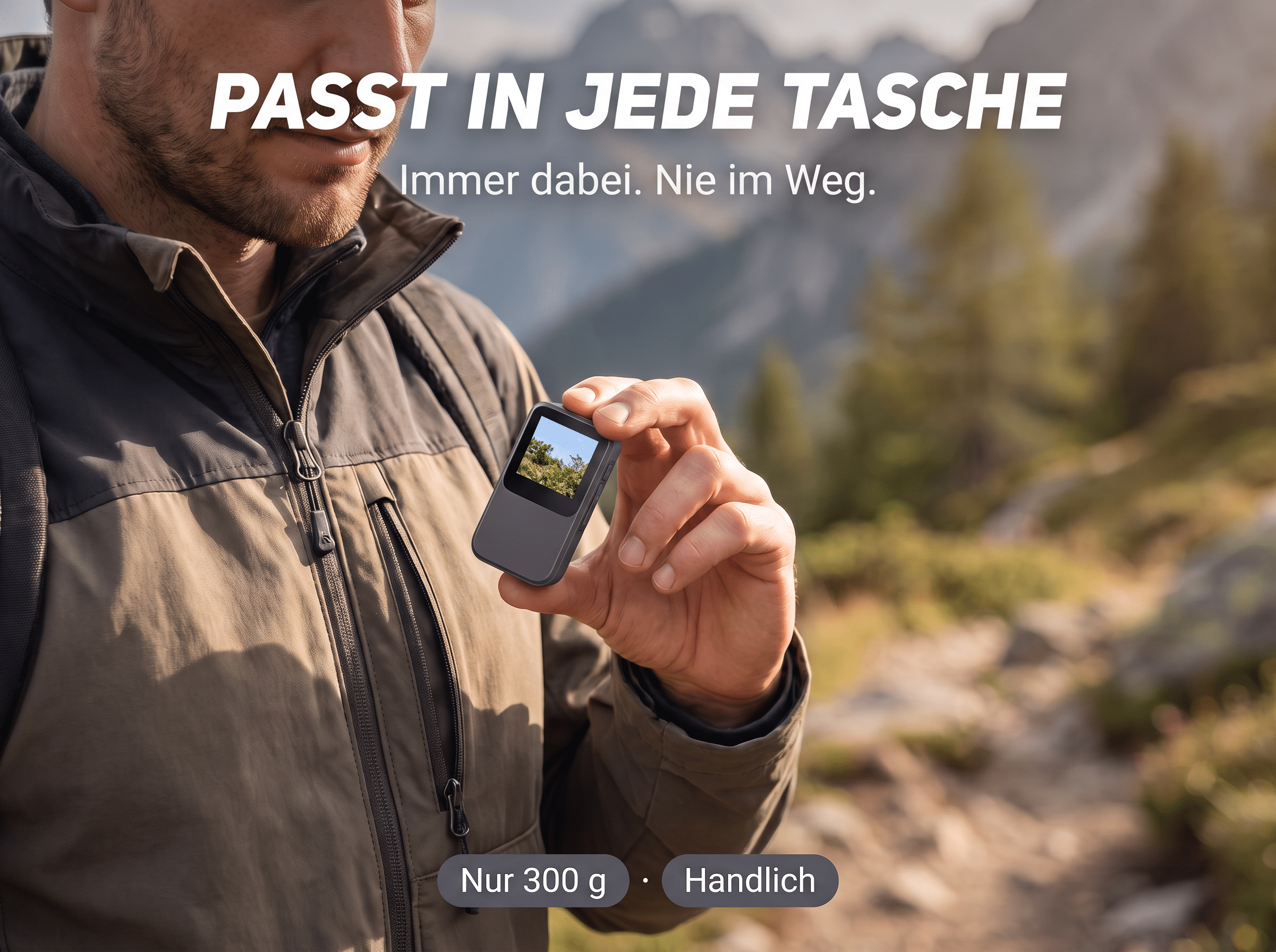 Ein Wanderer hält eine kleine, graue Kamera mit Bildschirm in den Händen, im Hintergrund eine Berglandschaft.