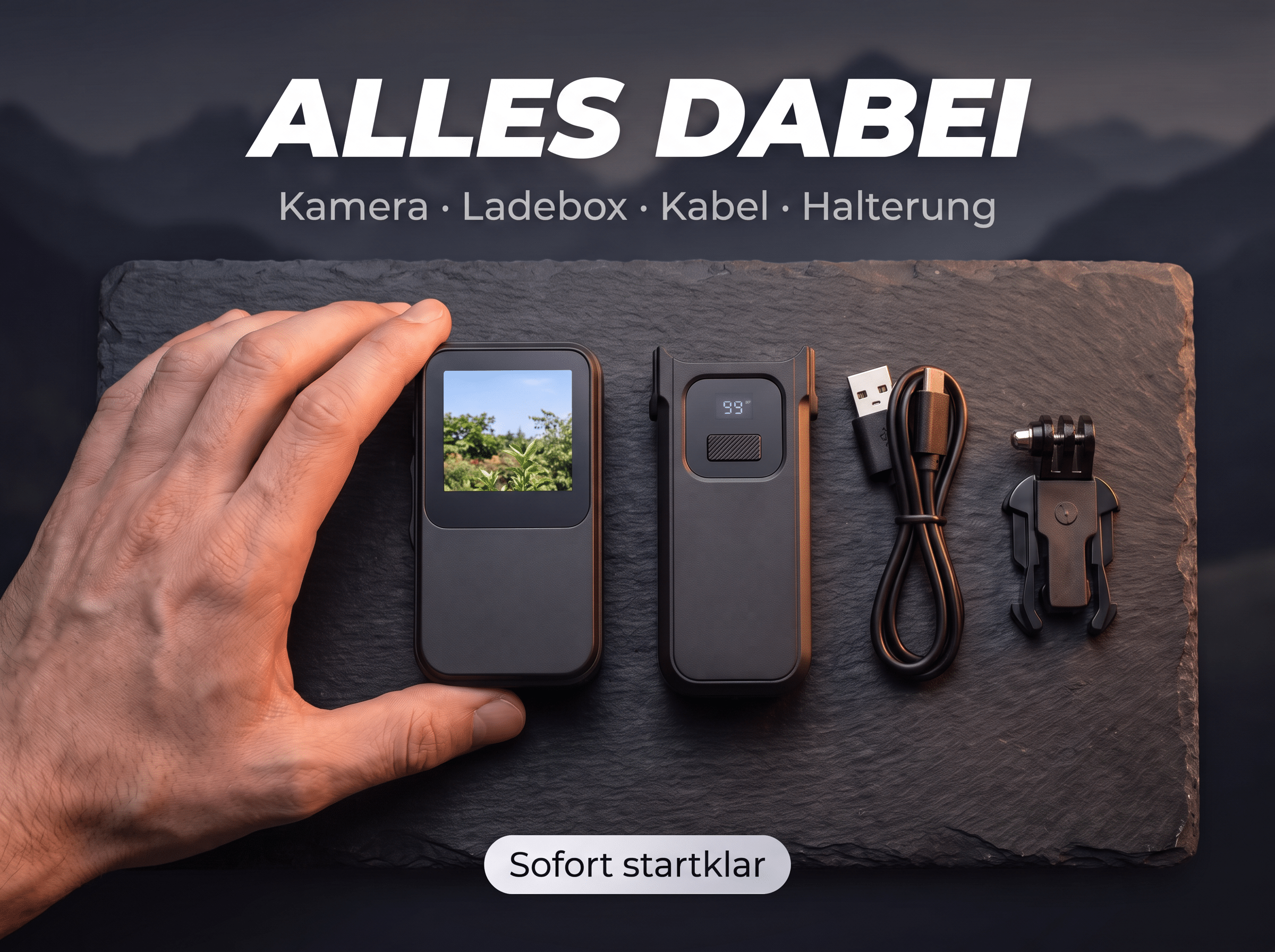 Hand berührt eine kompakte Kamera neben Ladebox, Kabel und Halterung auf dunklem Stein.