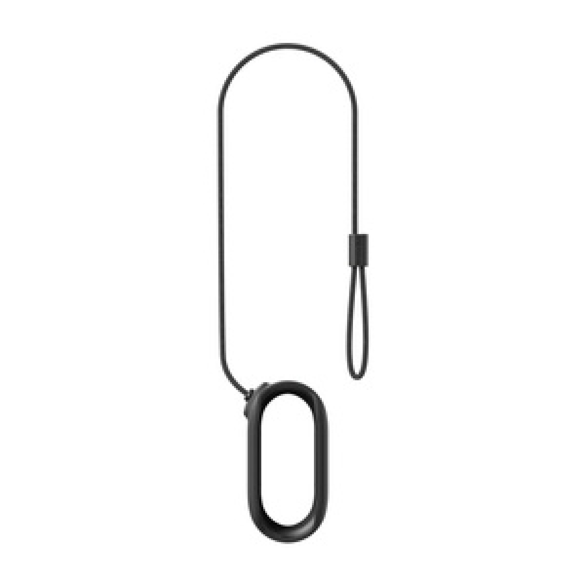 Ein schwarzes Lanyard mit einer Schlaufe und einem ovalen Ring auf weißem Hintergrund.