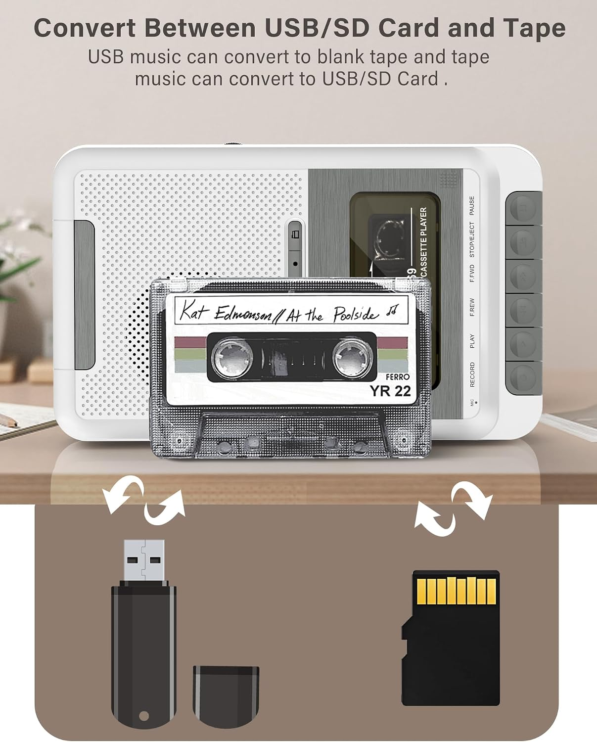 Ein Kassettenrekorder konvertiert Musik zwischen USB, SD-Karte und Musikkassette.