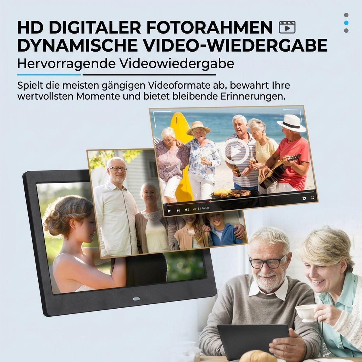 Ein digitaler Bilderrahmen zeigt Fotos und Videos, während ein älteres Paar davor sitzt.