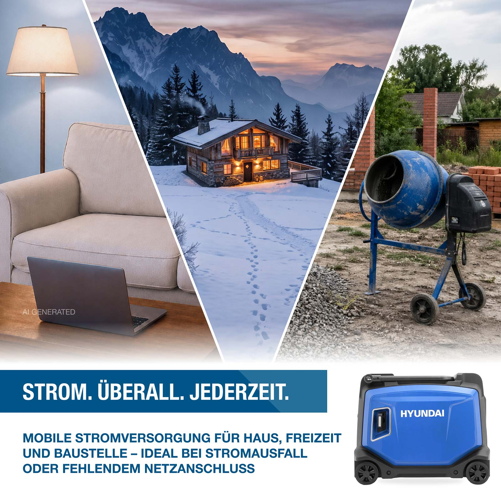 Eine Collage mit Wohnzimmer, verschneiter Holzhütte, Betonmischer und blauem Hyundai-Generator.