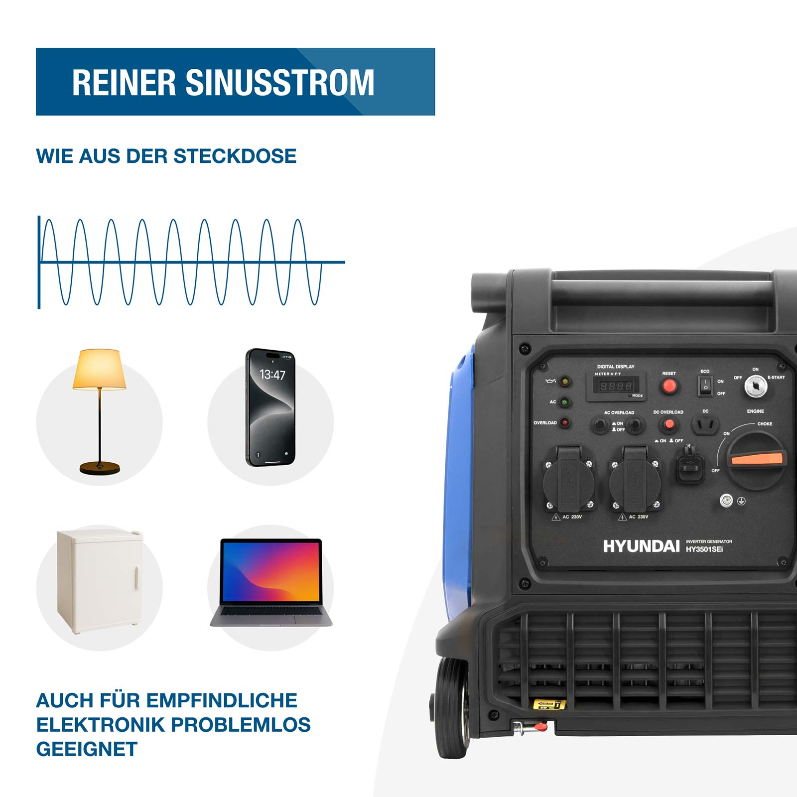 Hyundai Inverter-Generator mit reinem Sinusstrom, geeignet für empfindliche Elektronik wie Laptops und Lampen.