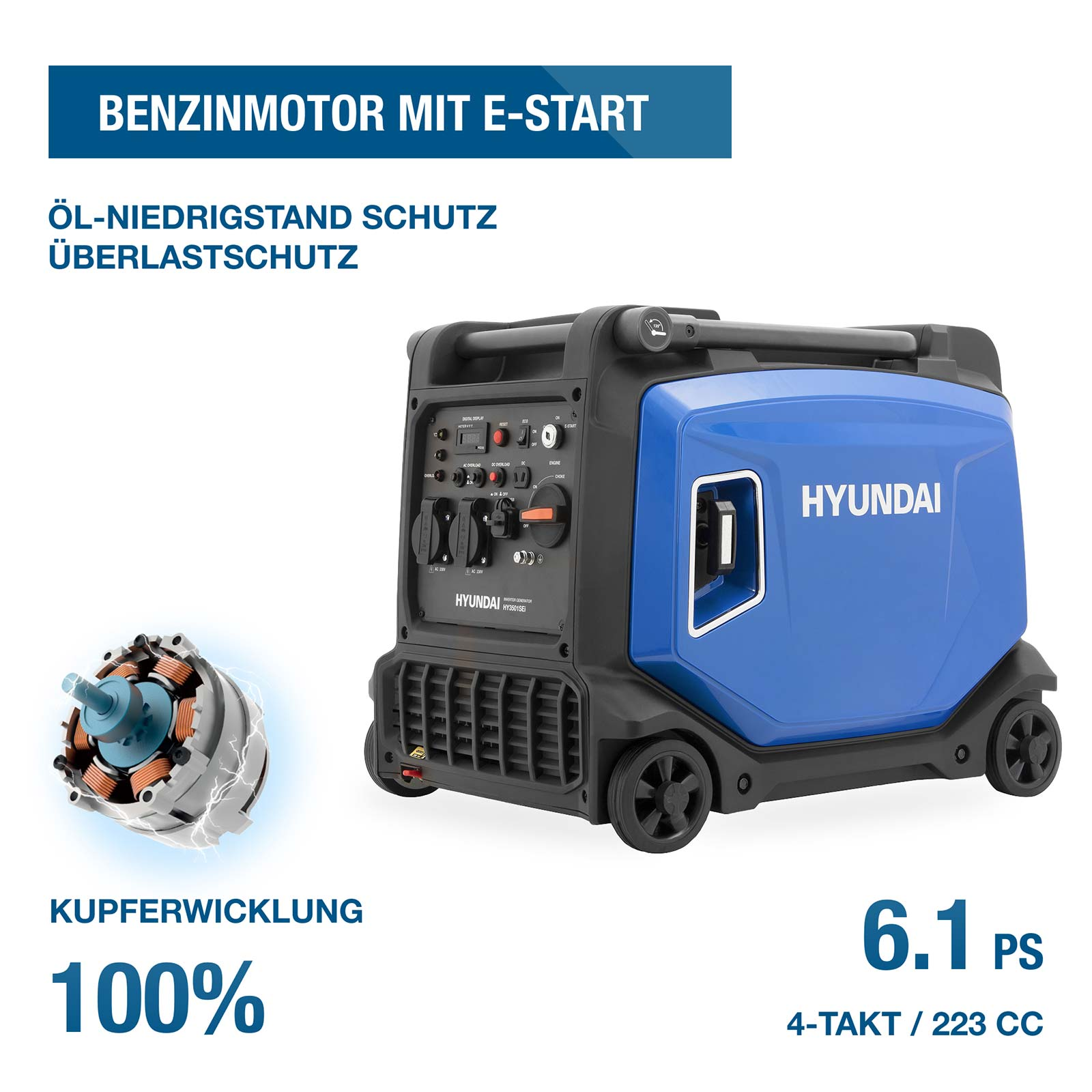 Ein blau-schwarzer Hyundai Inverter-Stromerzeuger mit Rädern, Text und kupfergewickeltem Motor.