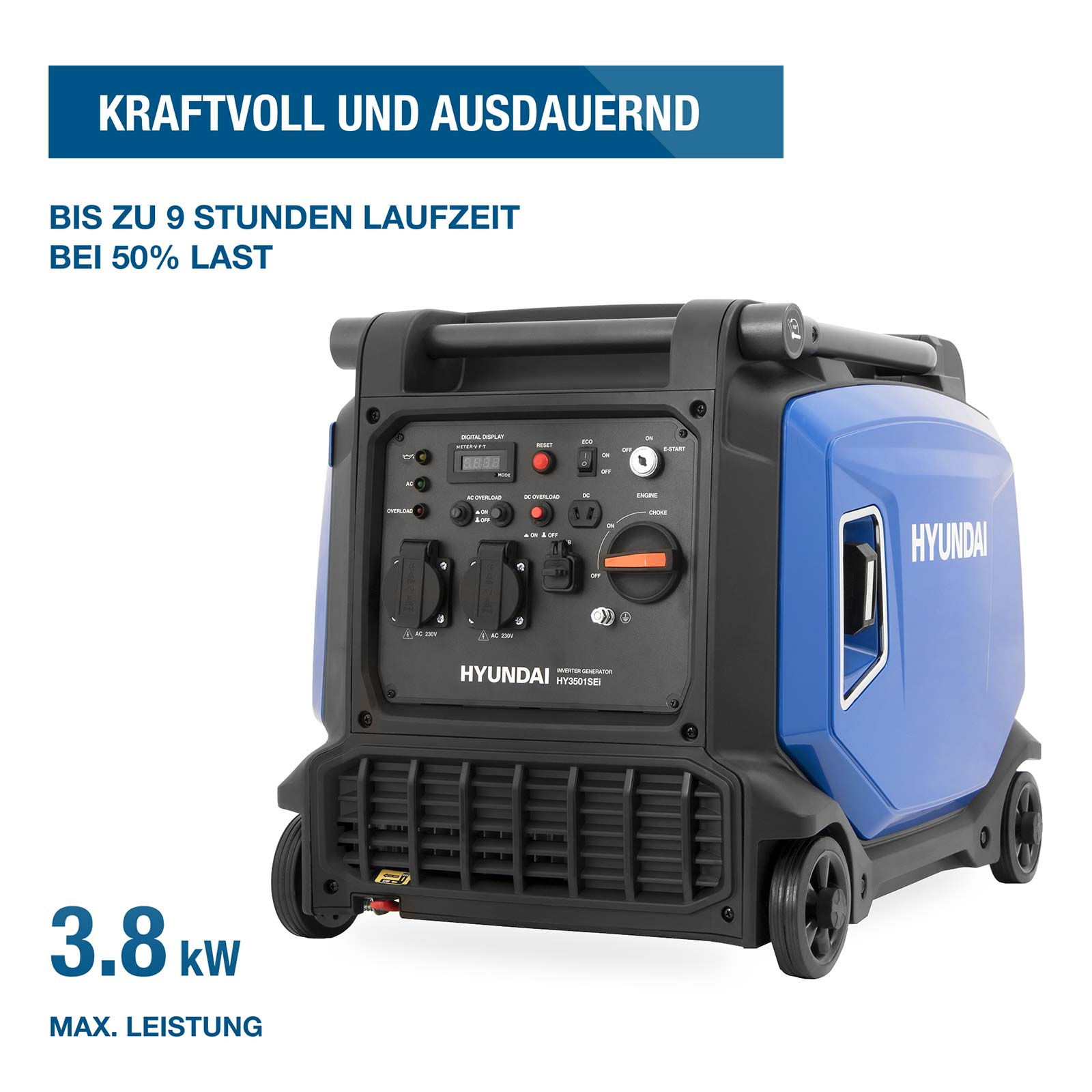 Ein tragbarer blauer und schwarzer Hyundai Inverter-Generator mit Rädern und Bedienfeld.