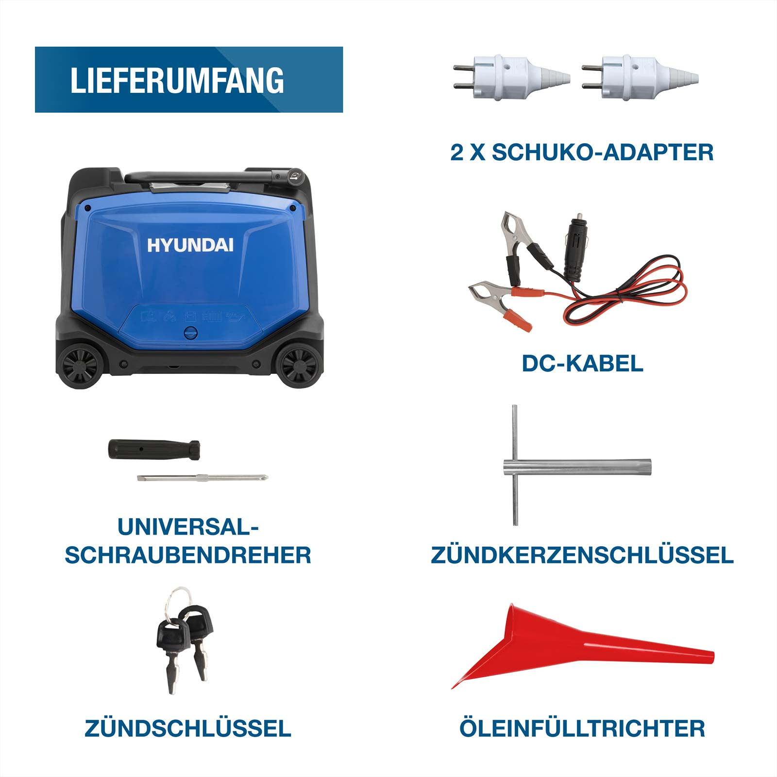 Hyundai Stromerzeuger mit Zubehör: Adapter, Kabel, Schraubendreher, Zündkerzenschlüssel, Schlüssel und Trichter.
