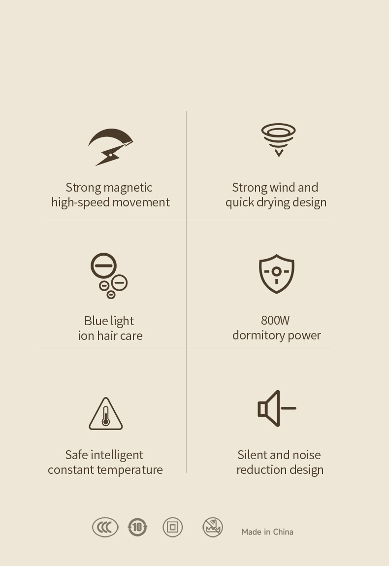 Sechs Icons zeigen Eigenschaften eines Haartrockners: Motor, Wind, Ionen, Leistung, Temperatur und Geräuschpegel.