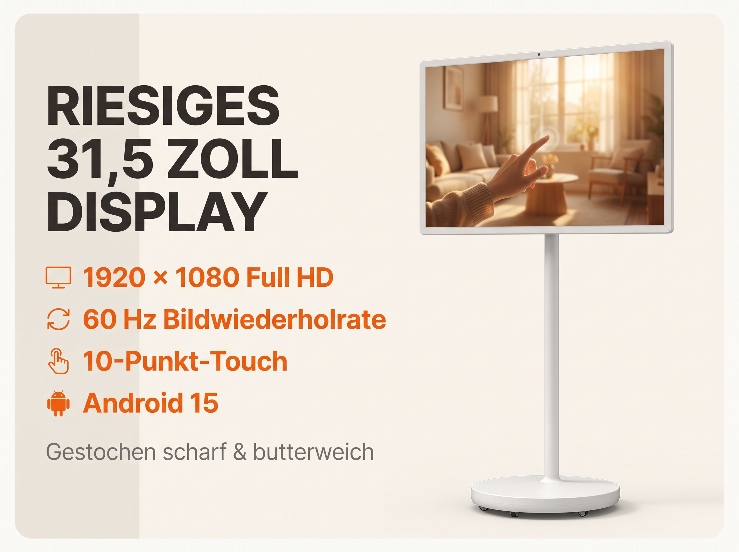 Werbung für ein weißes 31,5-Zoll-Touchscreen-Display auf einem Ständer mit technischen Details auf beigem Hintergrund.