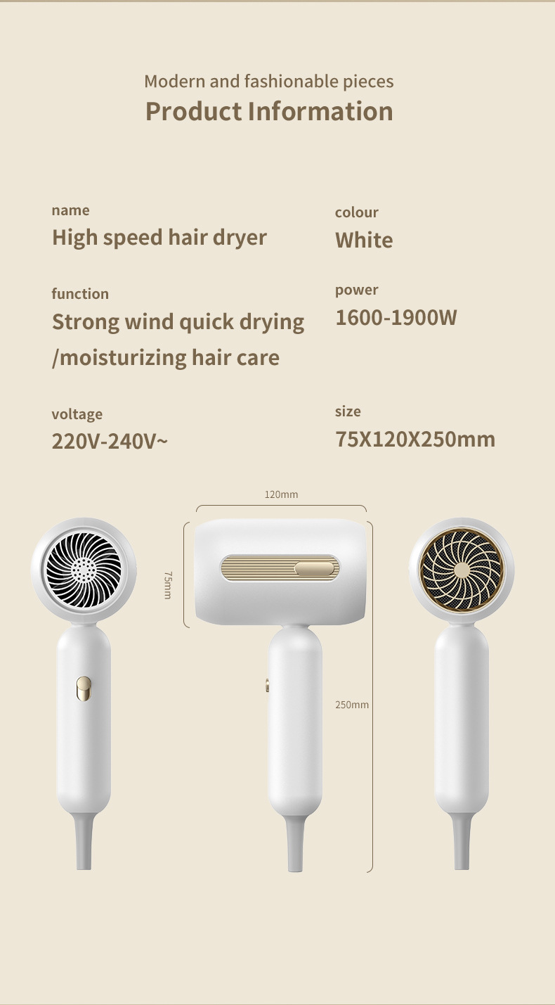 Produktinformationen für einen weißen High-Speed-Haartrockner mit Leistungs- und Größenangaben sowie drei Ansichten.