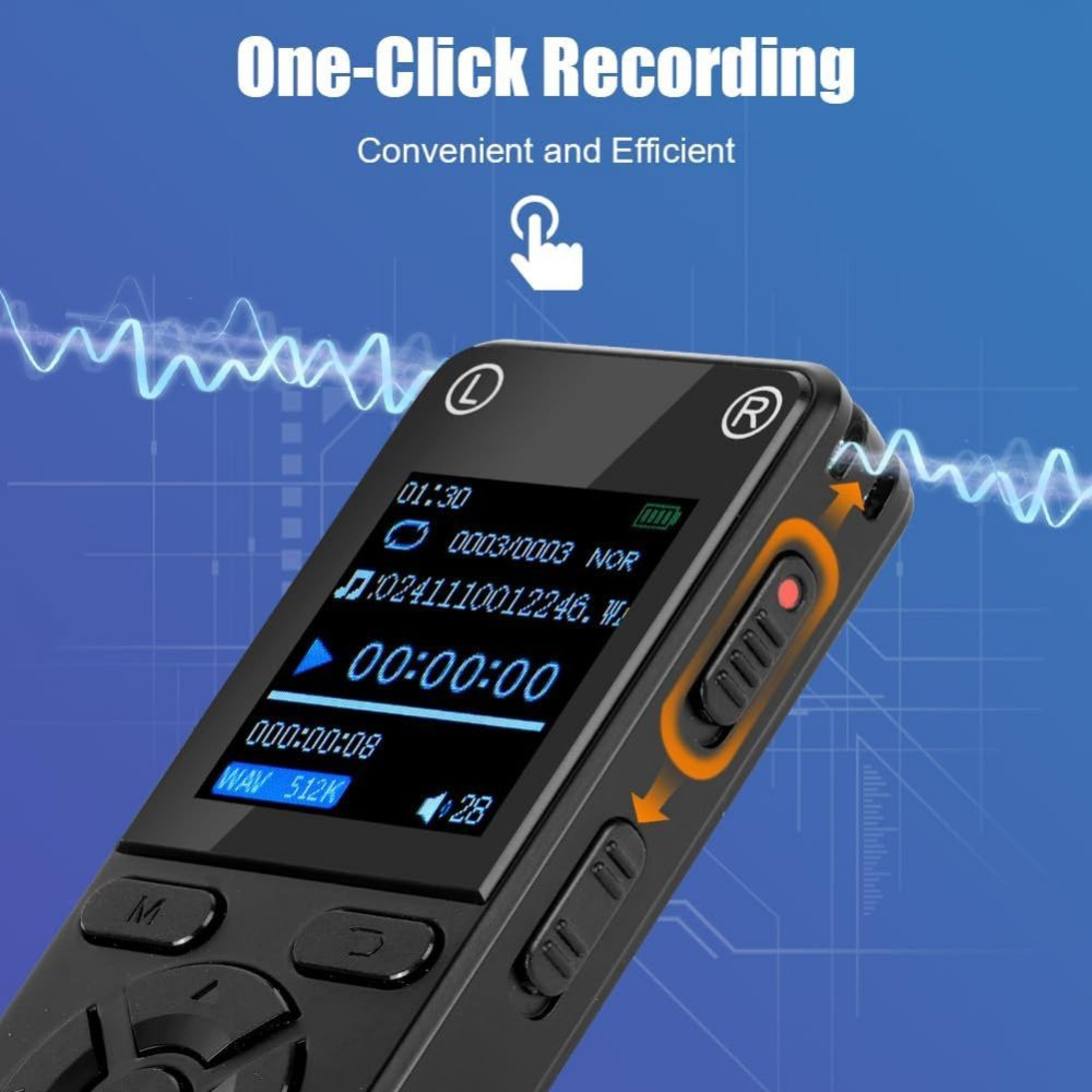 Ein schwarzer Audiorecorder mit blauem Display und der Aufschrift One-Click Recording.