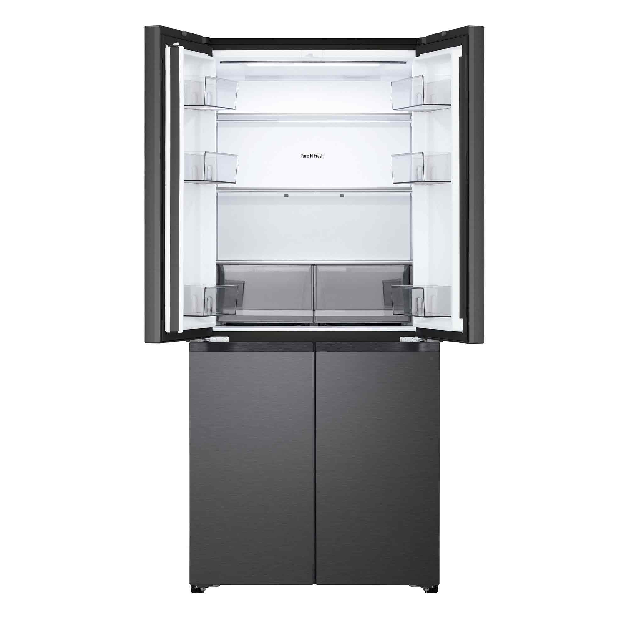 Ein moderner schwarzer Kühlschrank mit geöffneten oberen Türen und geschlossenen Gefrierschranktüren.