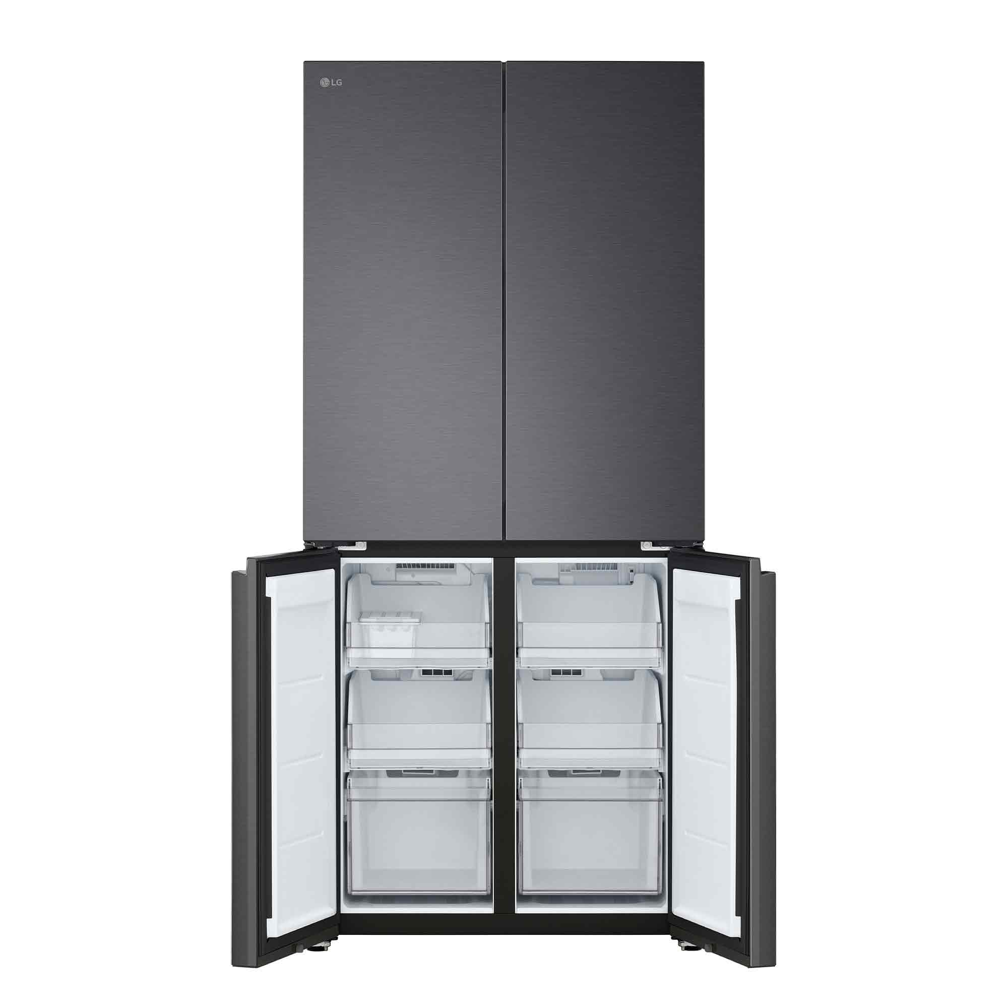 Dunkelgrauer LG-Viertürer-Kühlschrank mit geöffneten unteren Gefrierfächern.