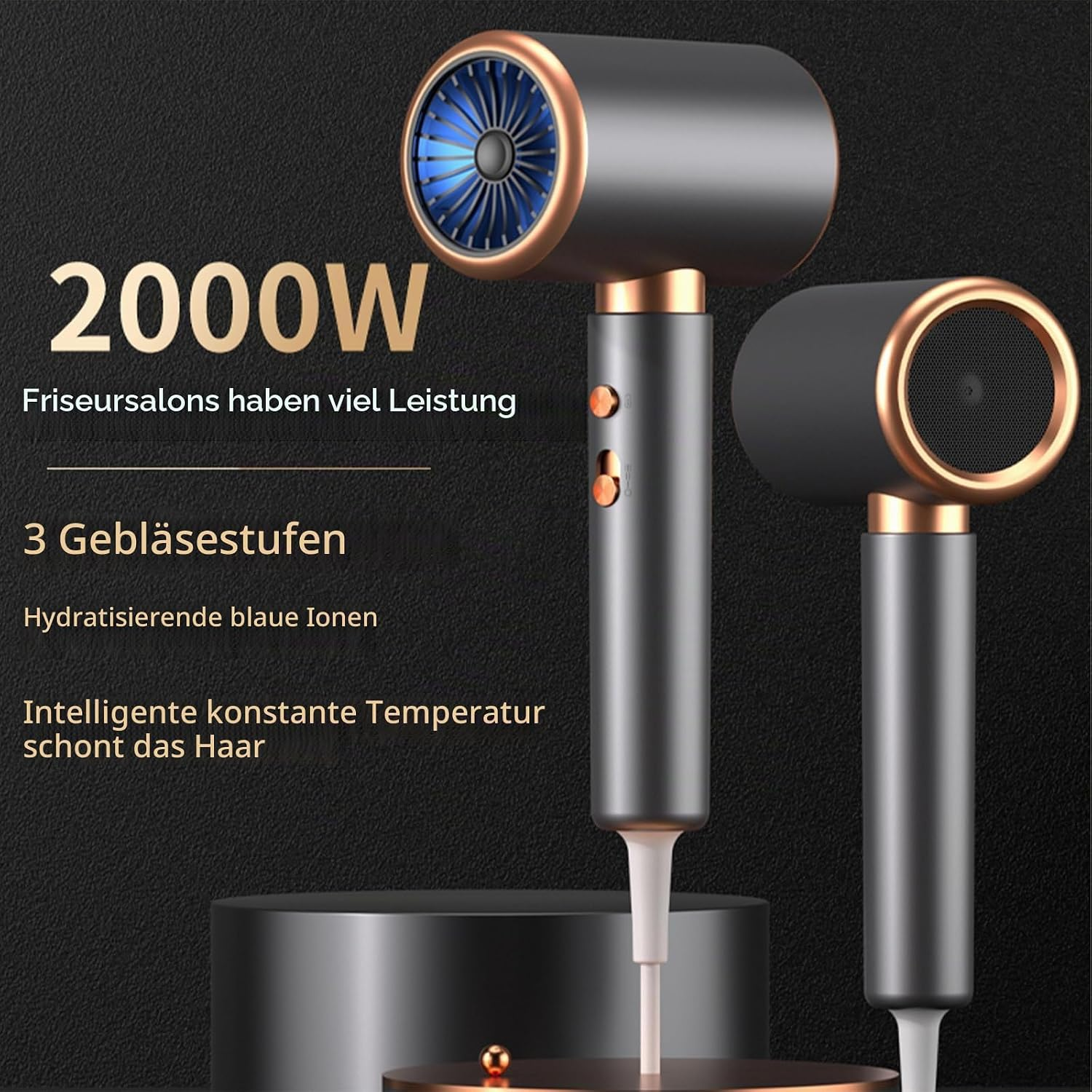 Zwei moderne, dunkelgraue Haartrockner mit kupfernen Akzenten und deutschem Text zu 2000W Leistung.
