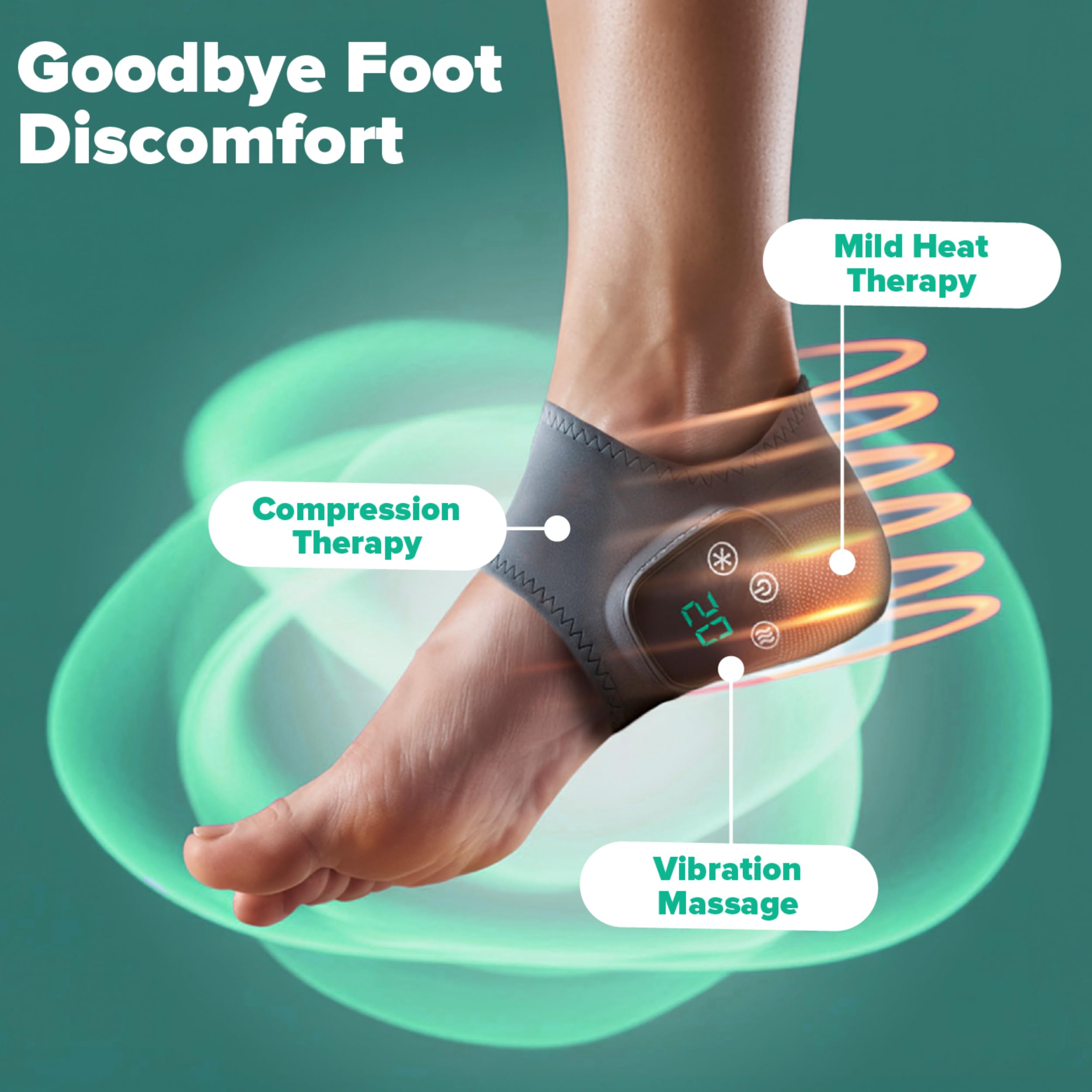 Fuß in einer grauen Bandage mit Wärmetherapie und Vibration.