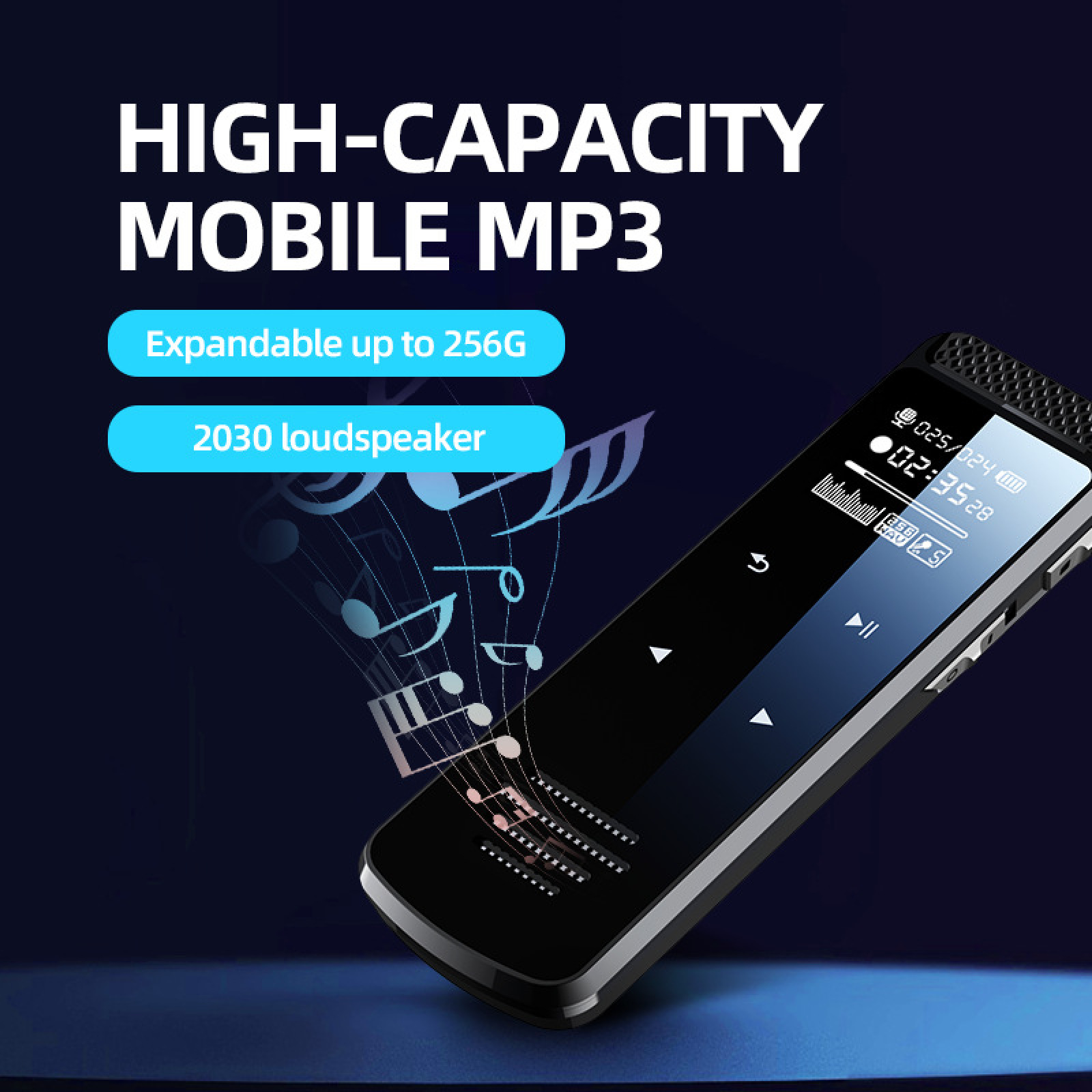 Ein schwarzer MP3-Player mit Musiknoten und Werbetext auf blauem Hintergrund.